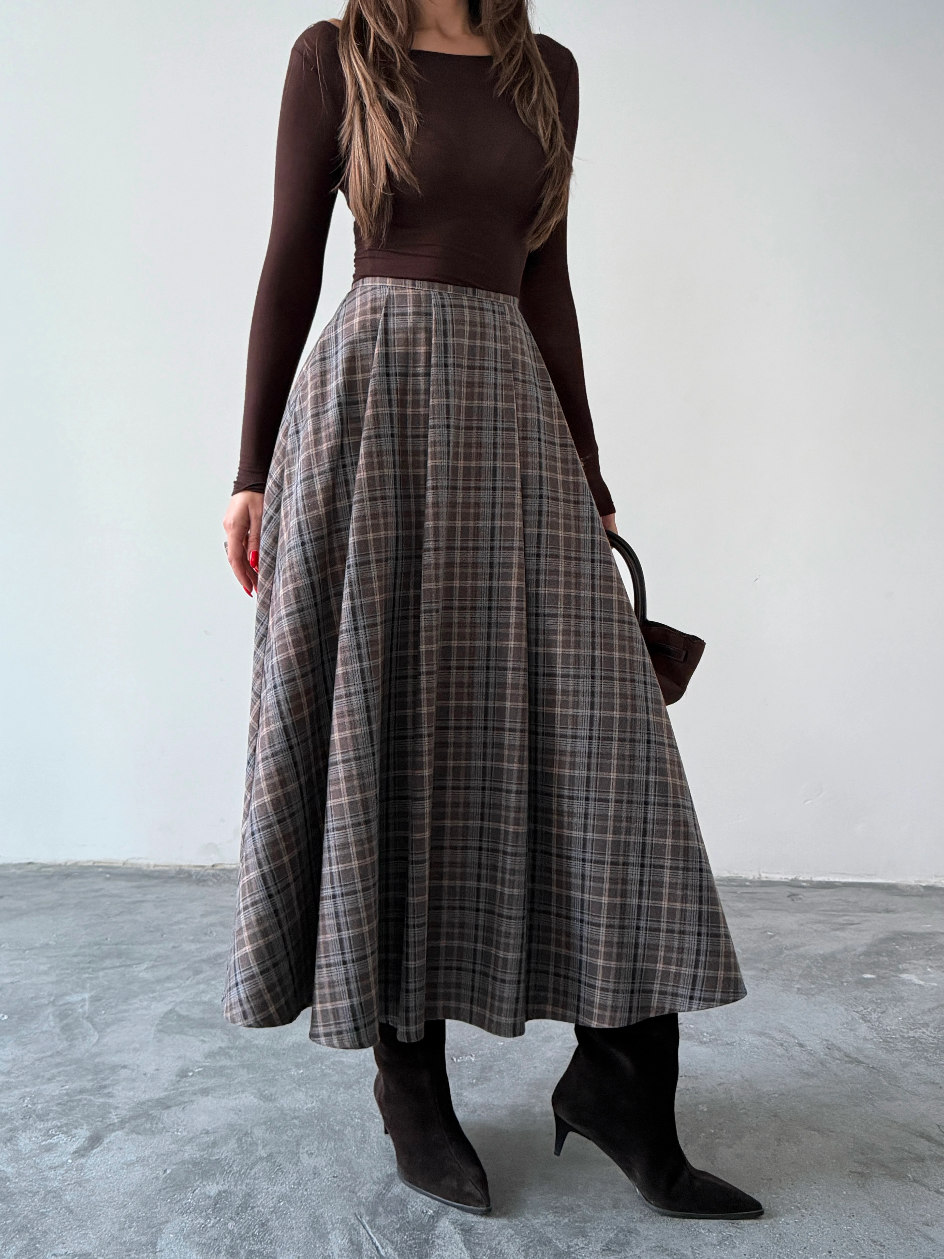 Pile Detaylı Ekose Kloş Etek - Kahve