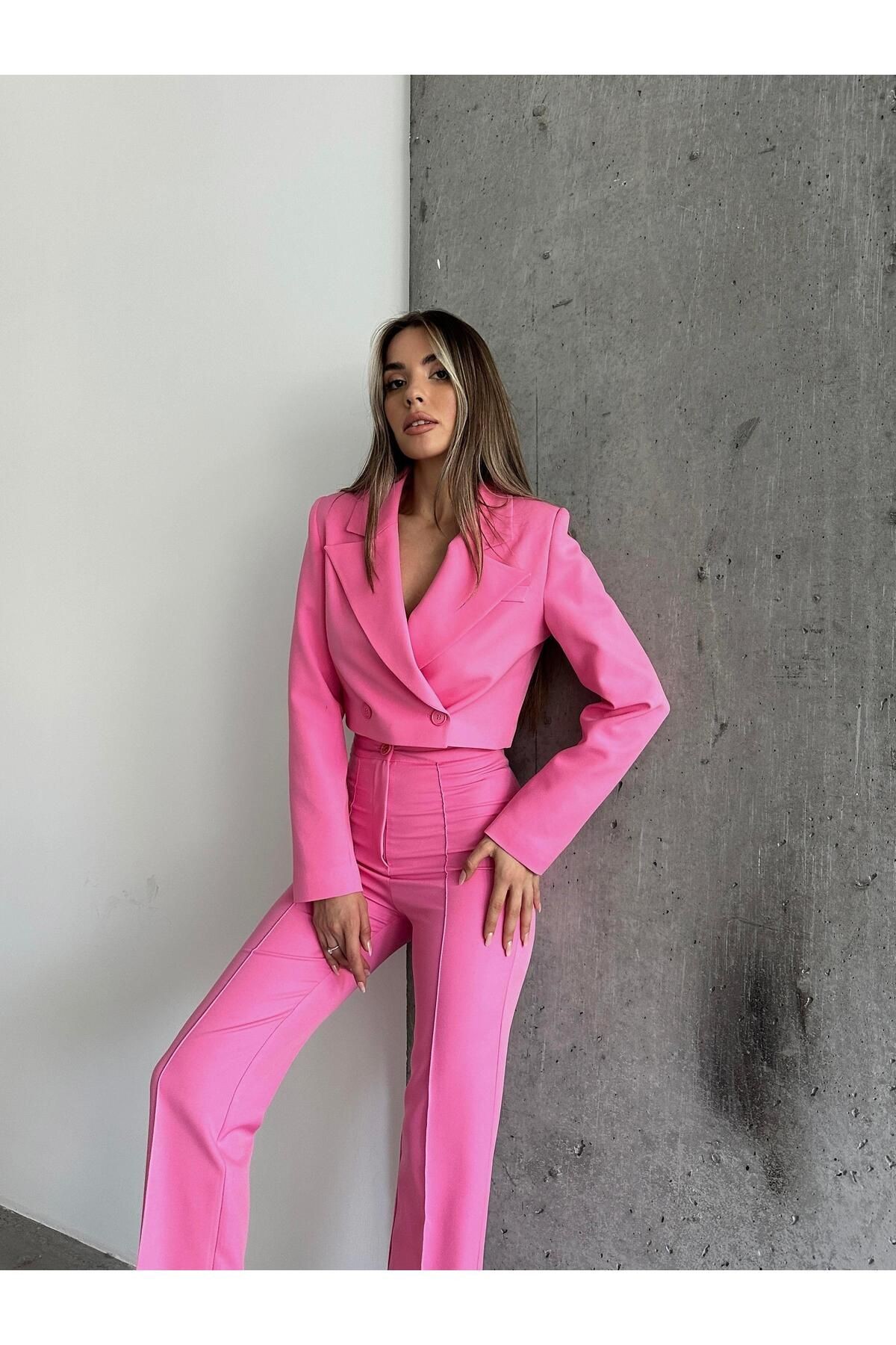 Çift Düğme Crop Blazer Ceket Pembe