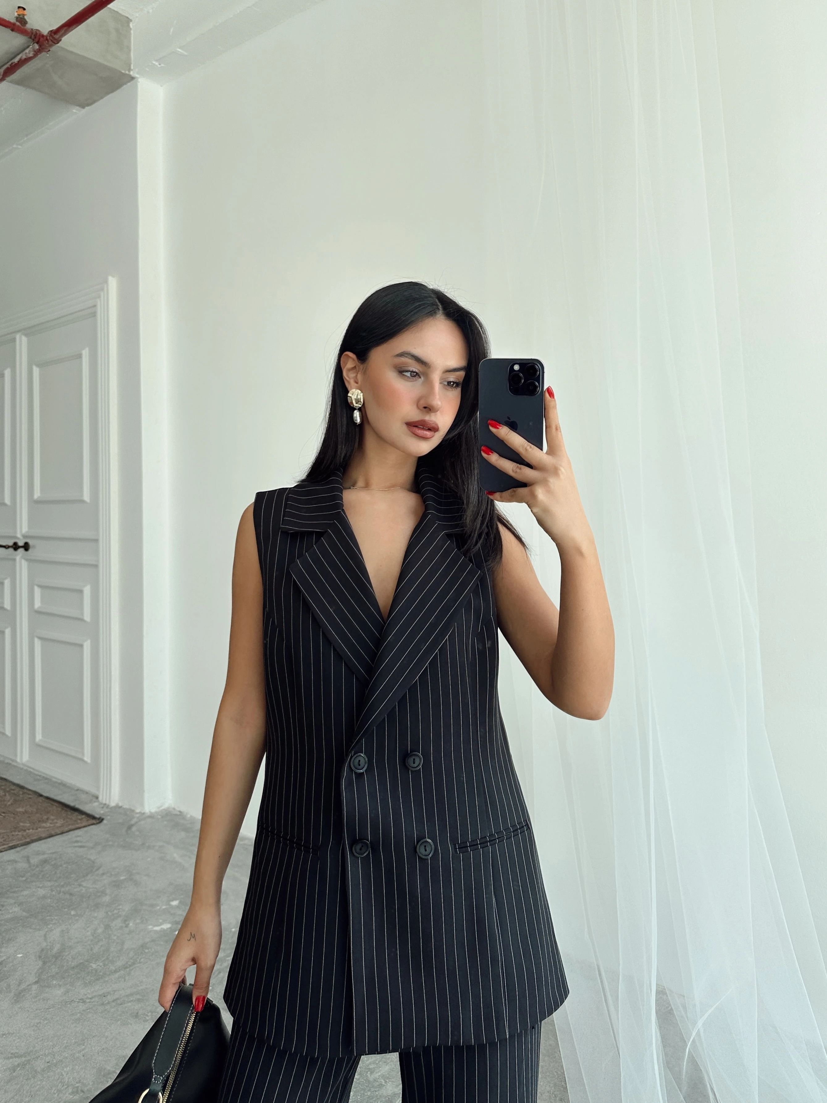 Ceket Yaka Line Yelek - Siyah