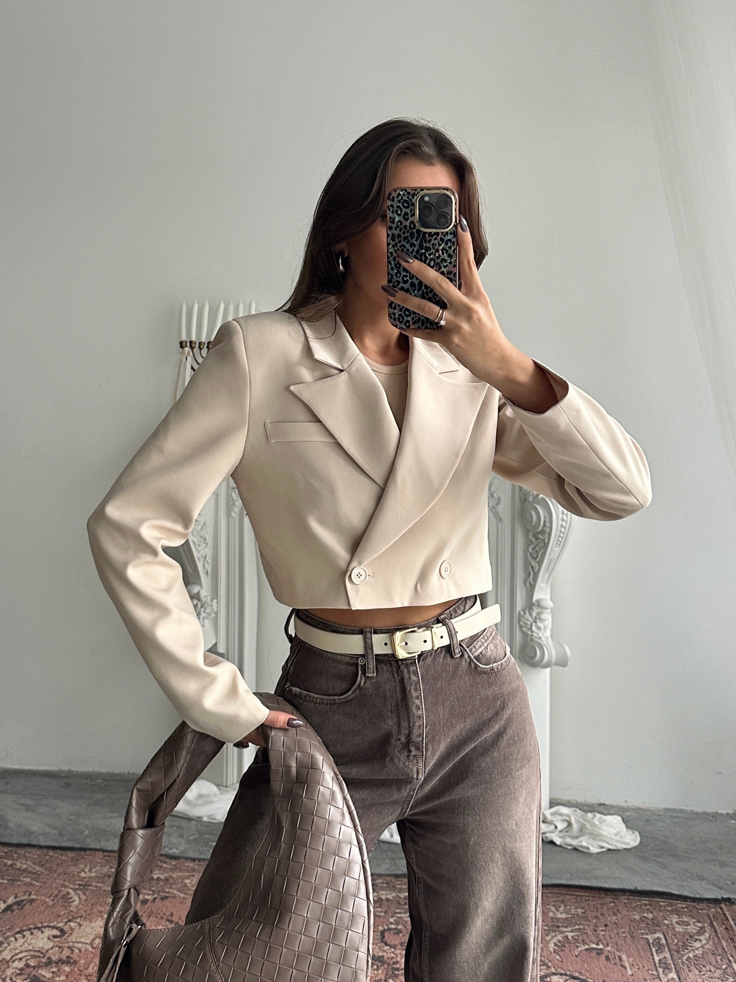 Çift Düğme Crop Blazer Ceket Bej