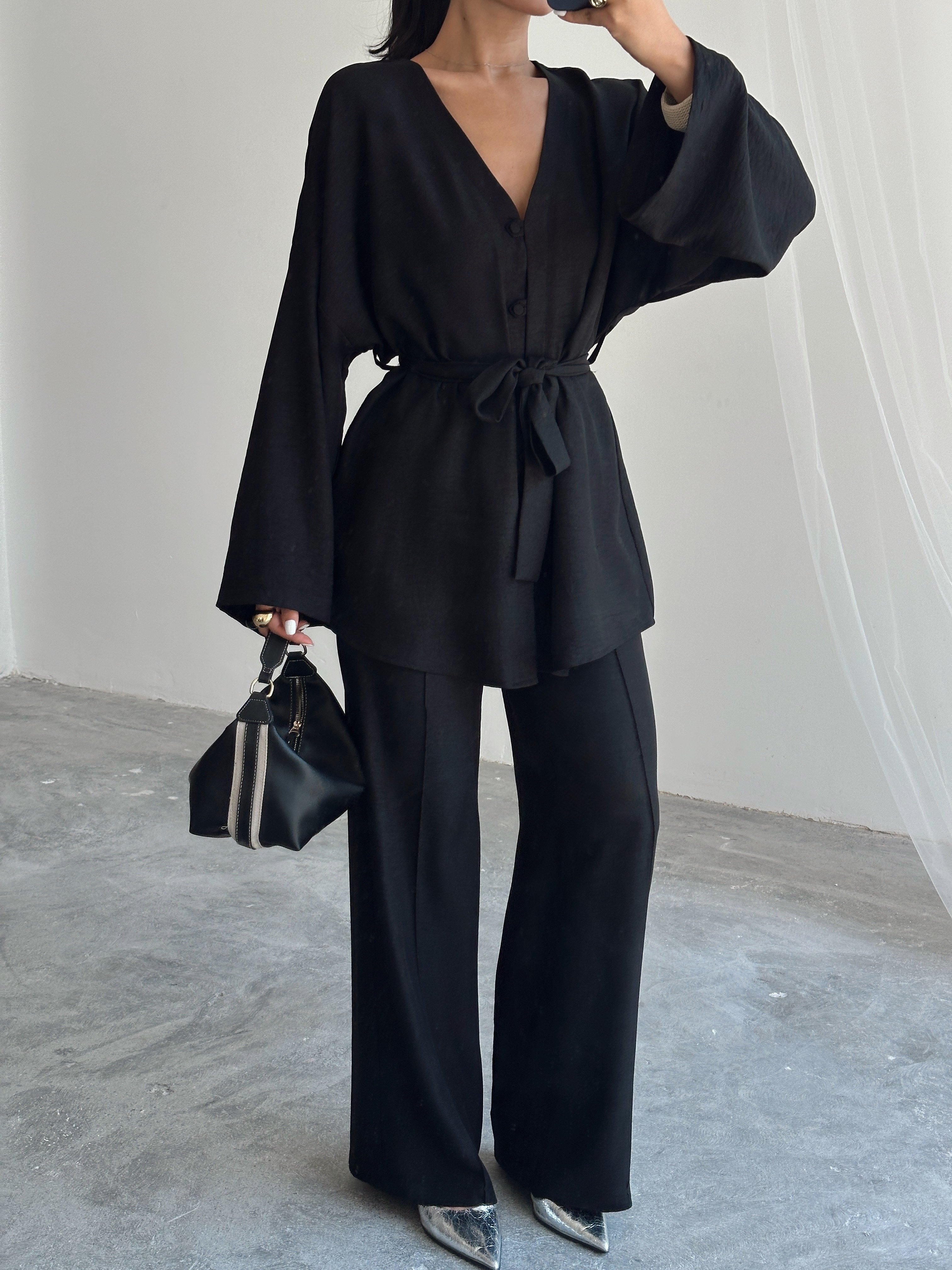 Düğme Detay Kuşaklı Kimono Takım