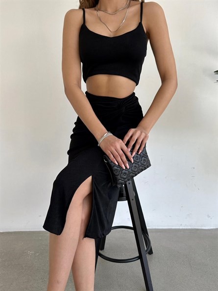 Askılı Büzi Crop Siyah