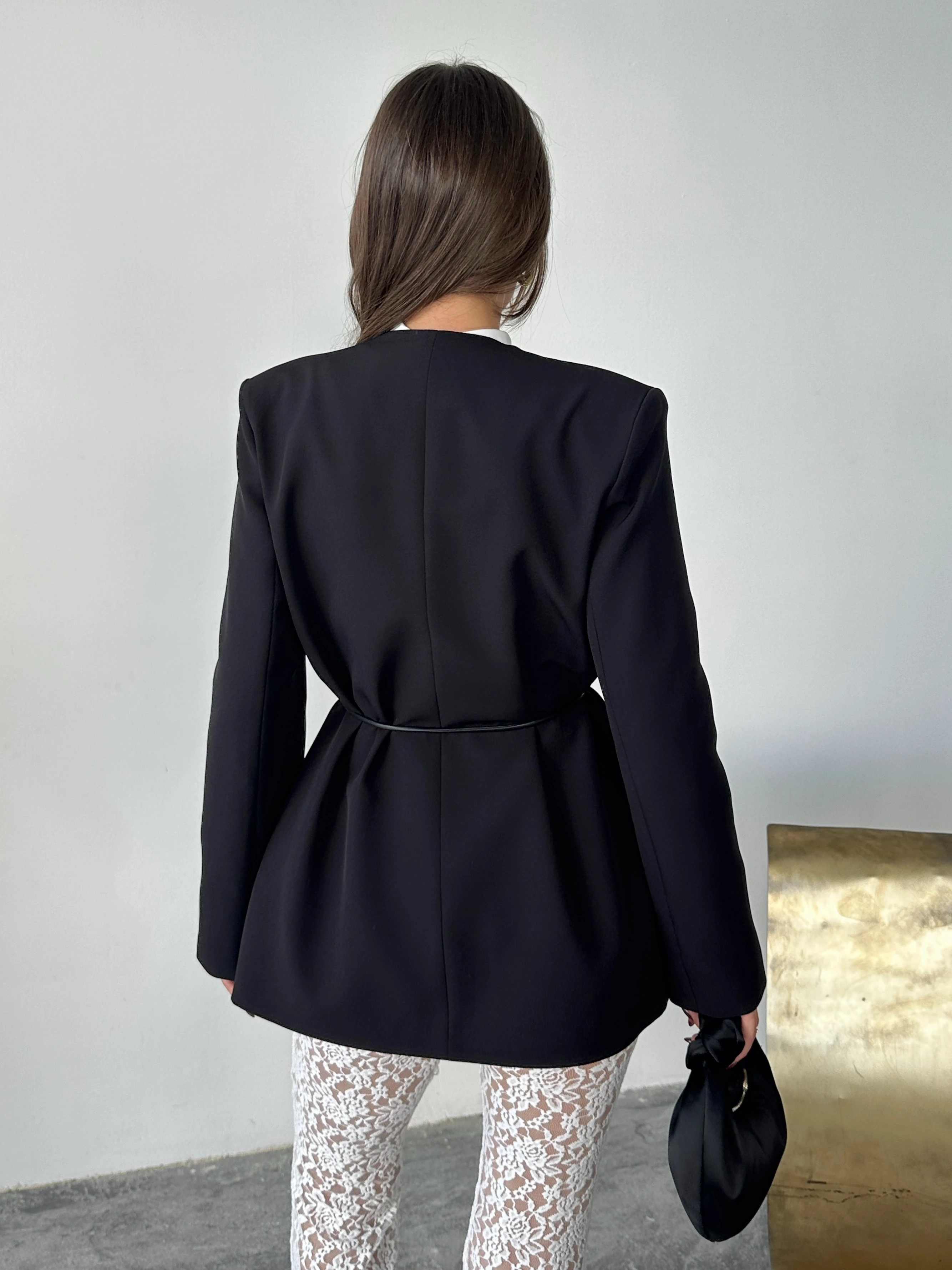 Deri Kemerli Blazer Ceket - Siyah