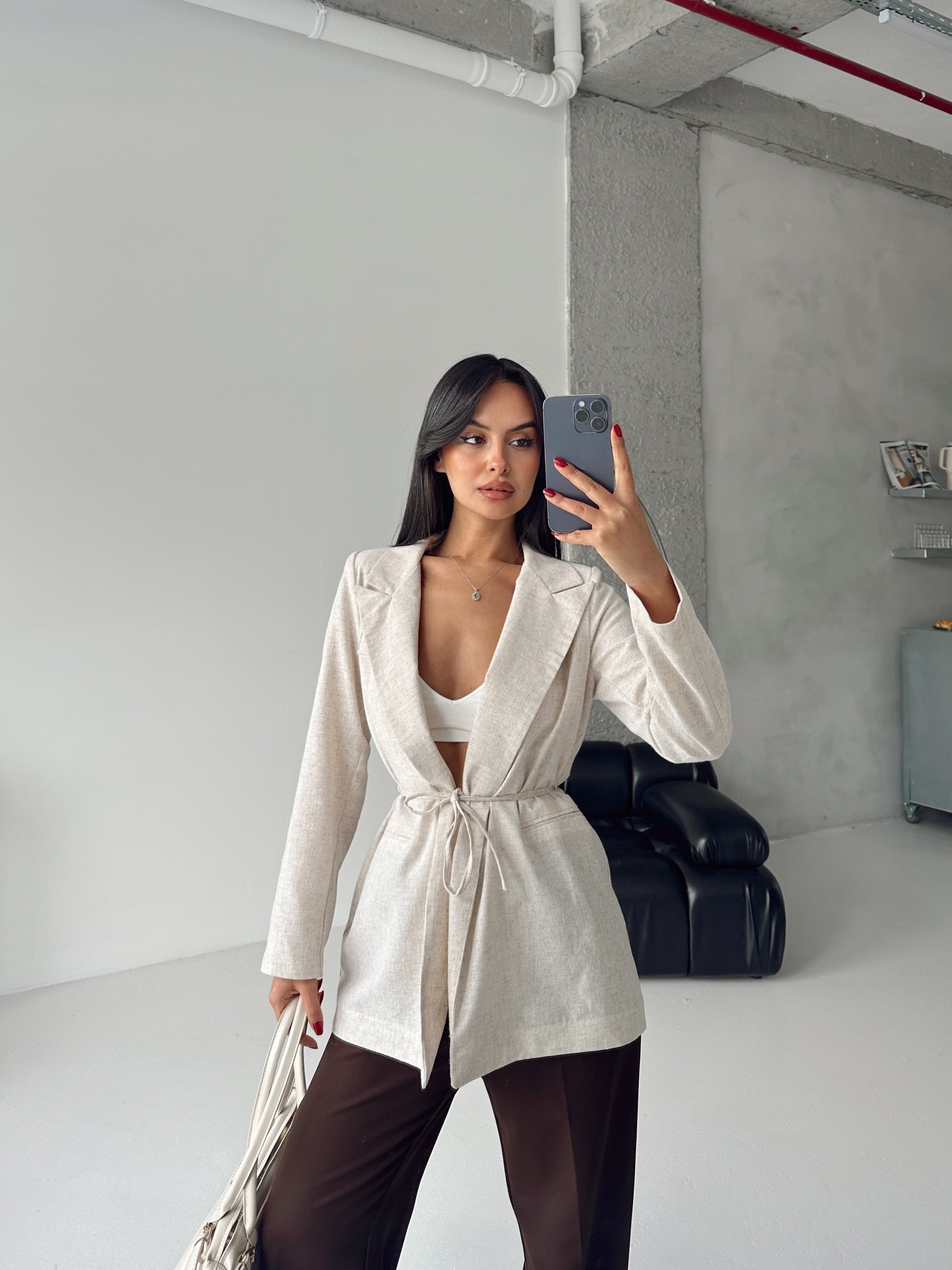 Keten Bağlamalı Blazer Ceket - Ekru