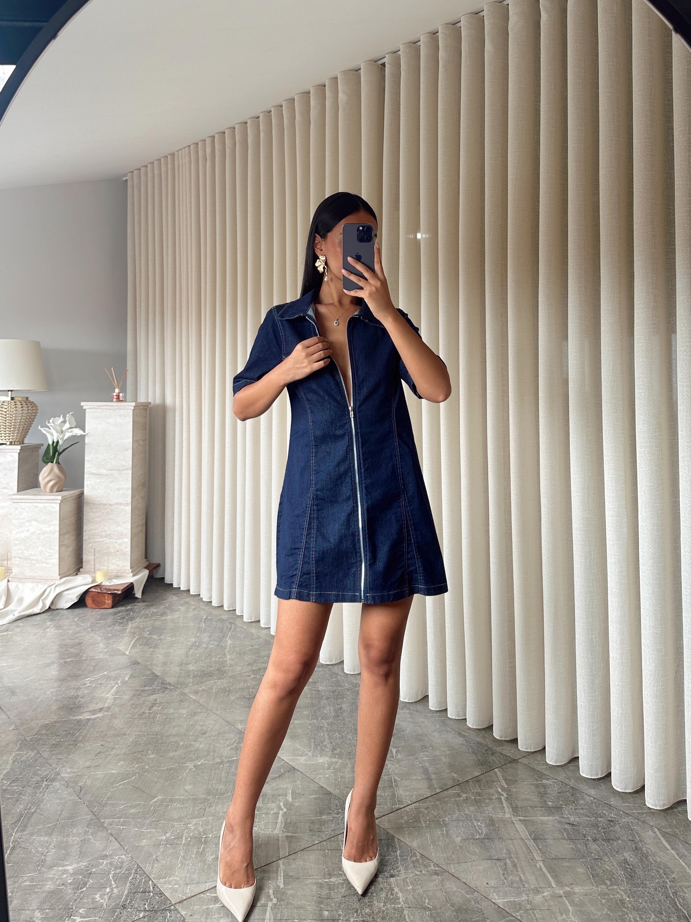 Fermuarlı Denim Elbise  - Lacivert