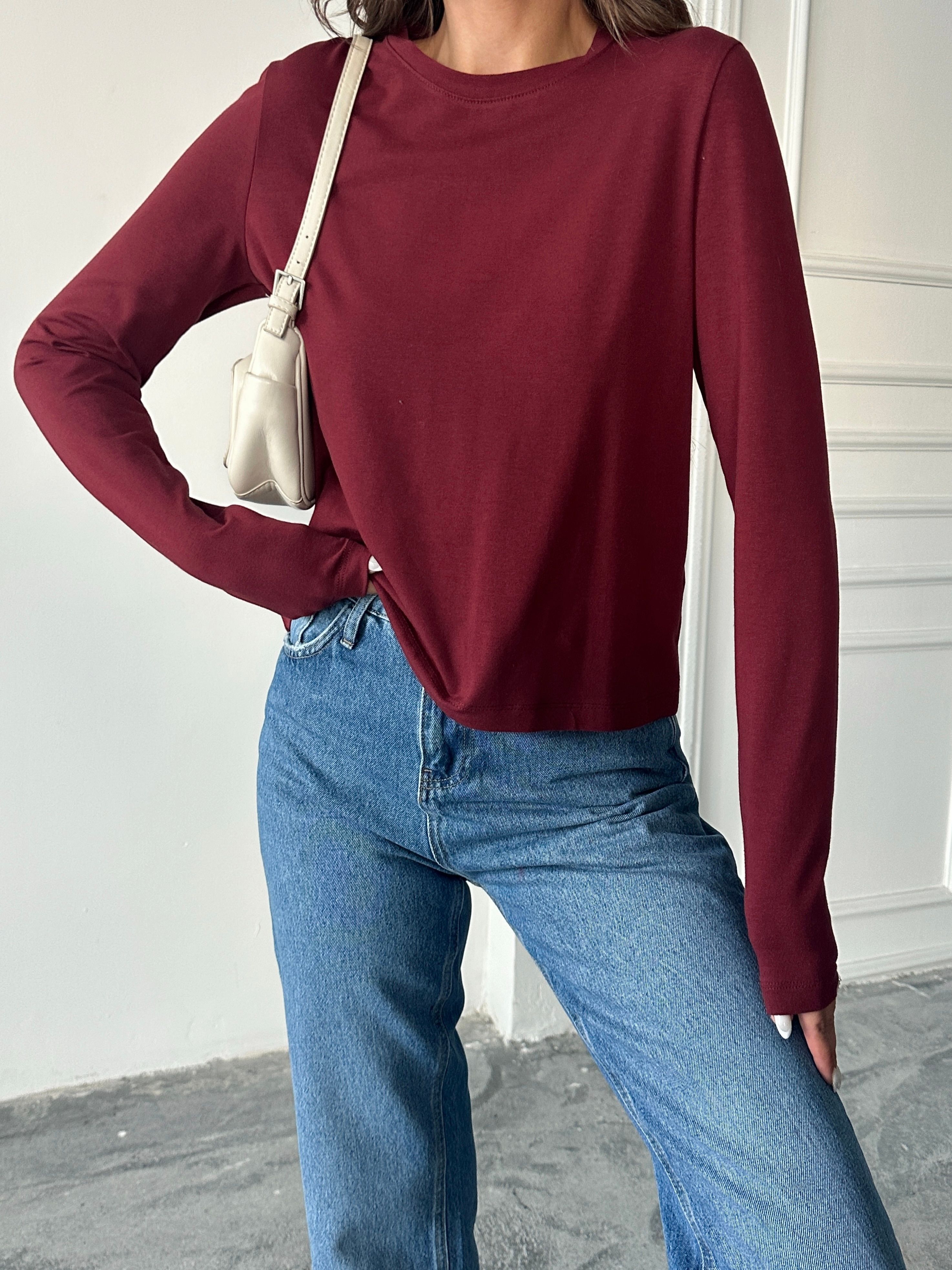 Düz Basic Uzun Kol - Bordo
