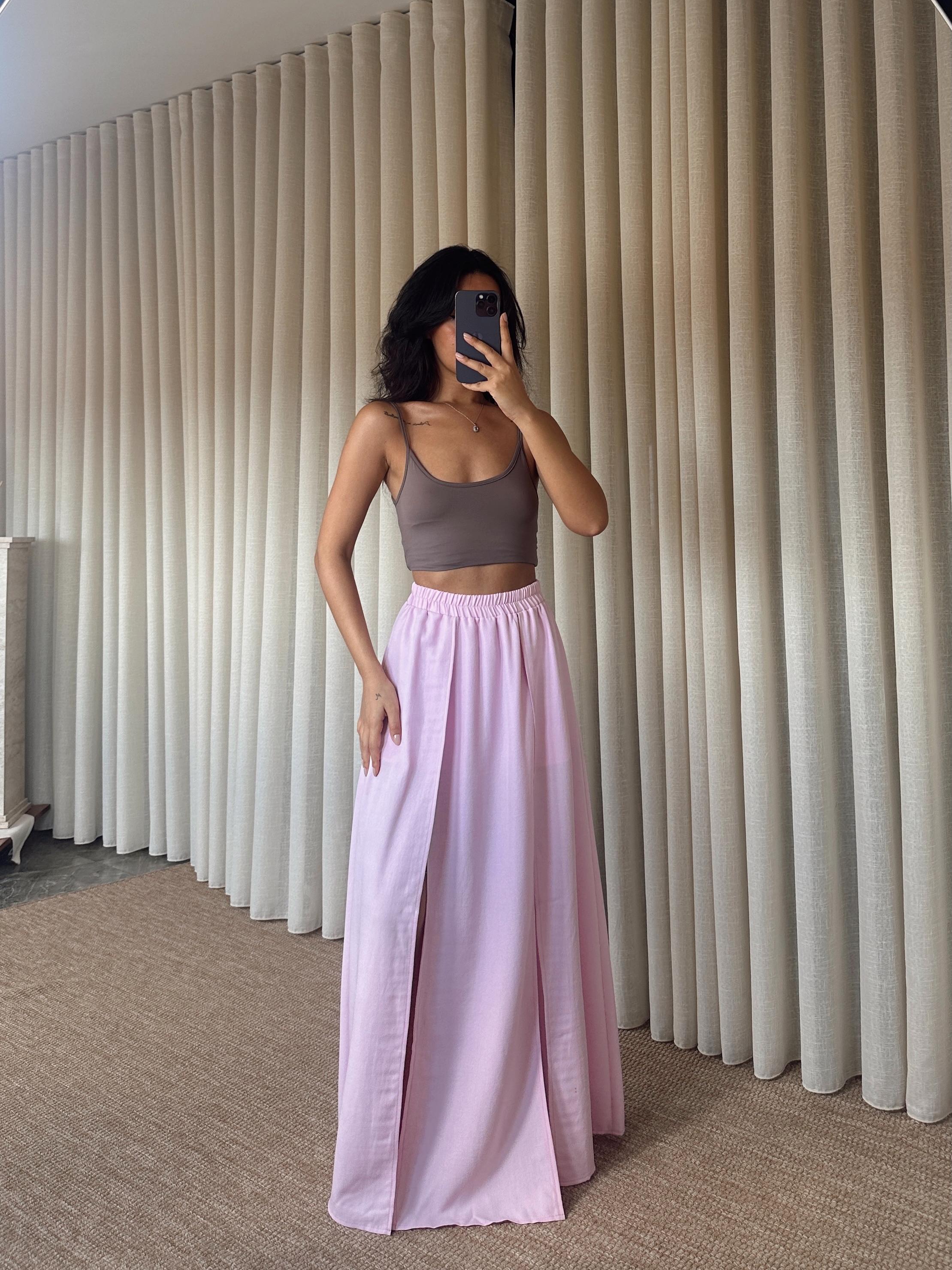 İçi Şortlu Derin Yırtmaç Maxi Etek - Pembe