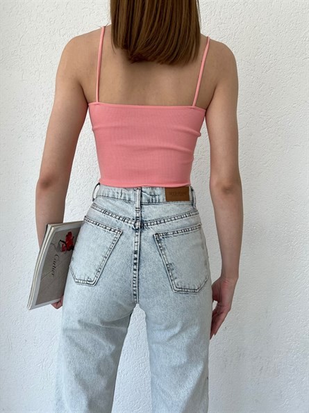 Kare Yaka İnce Askı Triko Bluz Pudra Pembe