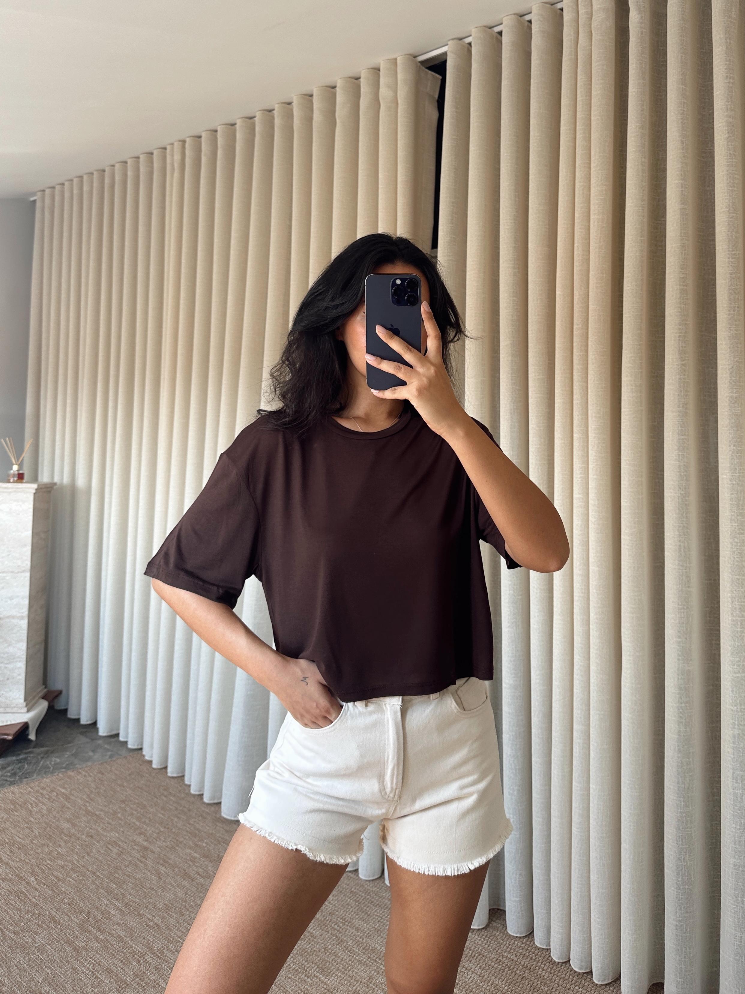 Düz Kısa Kol Crop Basic - Kahve