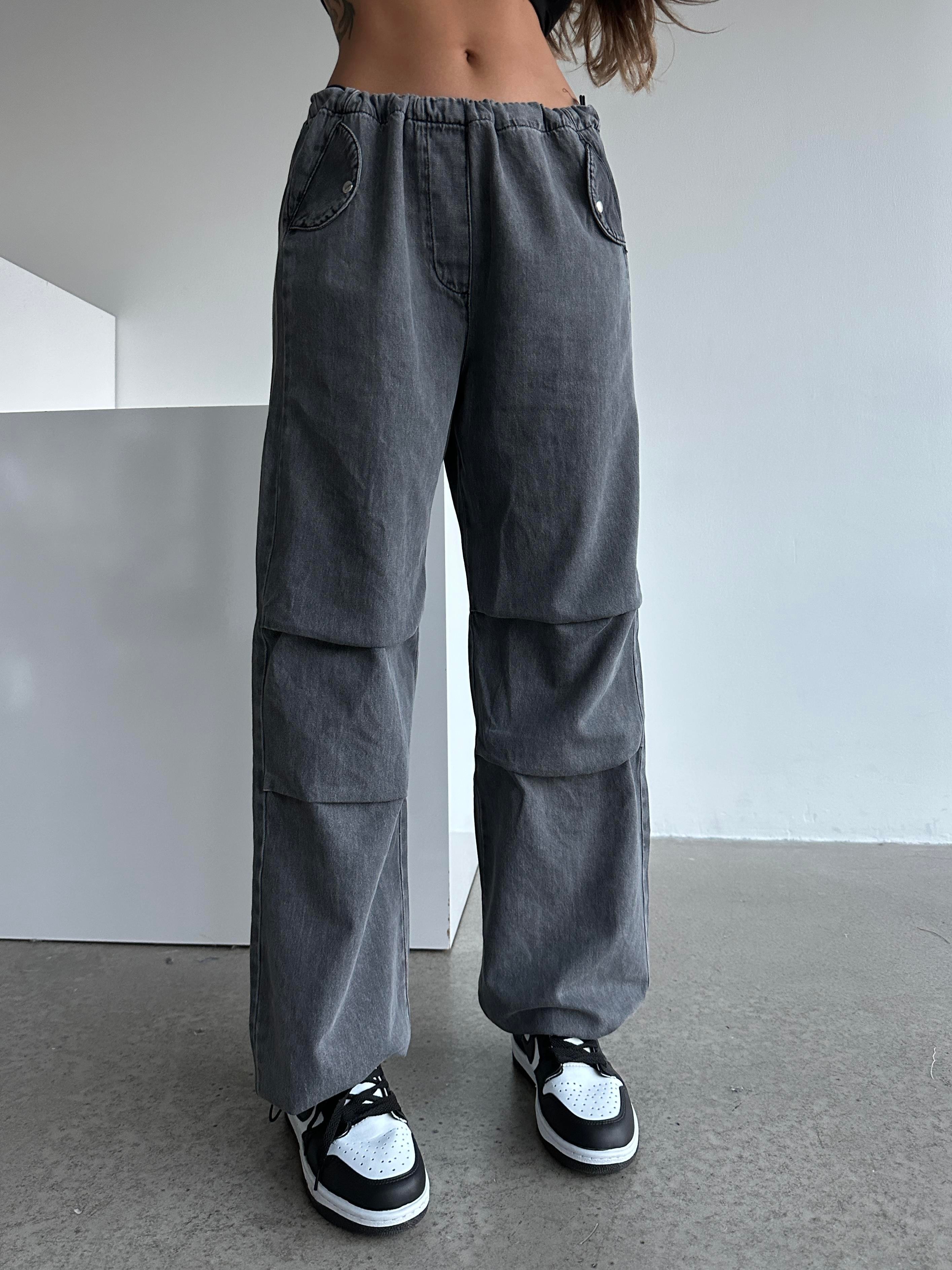 Denim Dokulu Bel Lastik Jogger Paraşüt Pantolon Füme Yıkama
