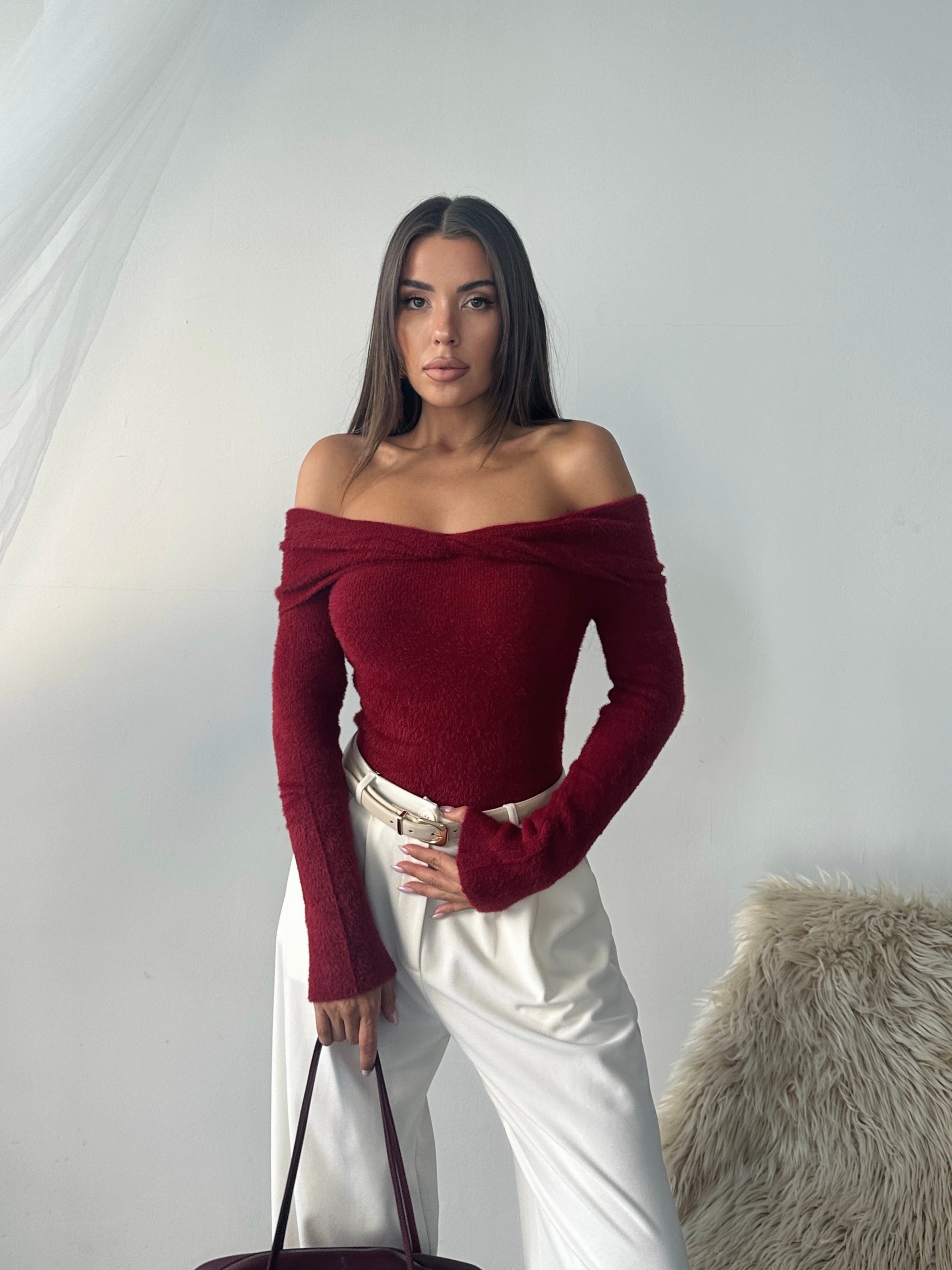 Açık Omuz Peluş Kazak - Bordo