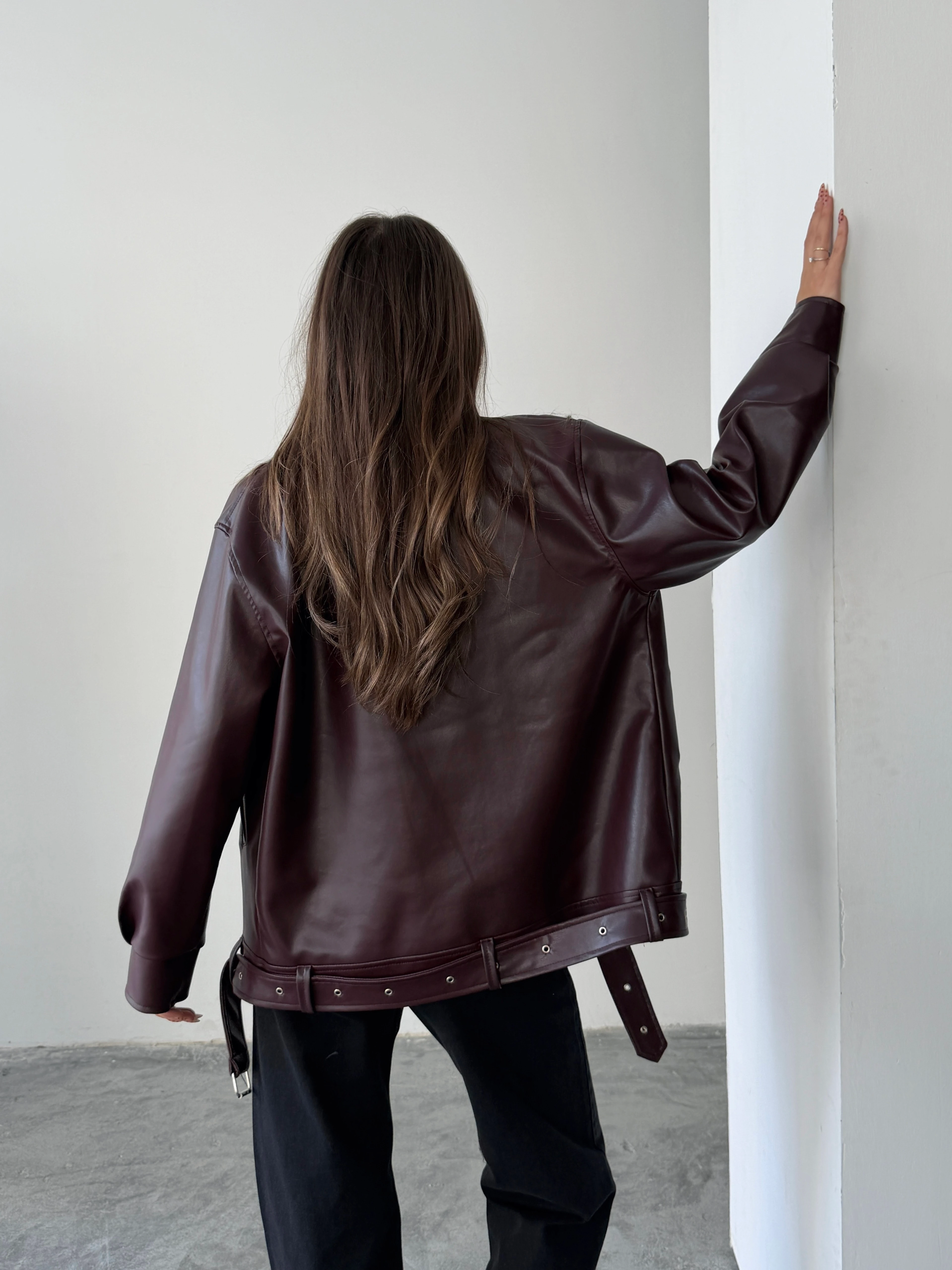 Kemerli Oversize Deri Ceket  - Bordo