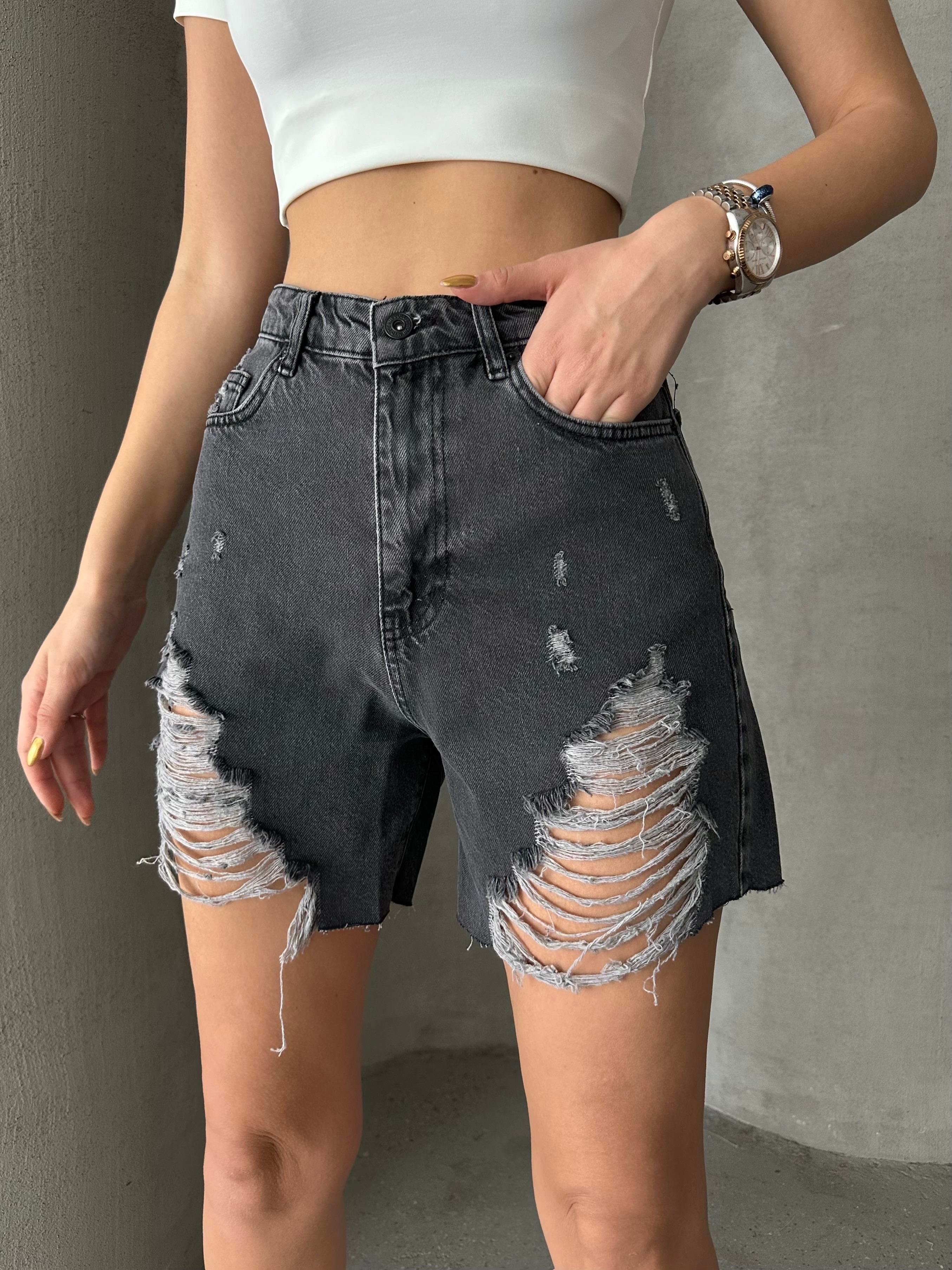 Distressed Denim Şort Füme