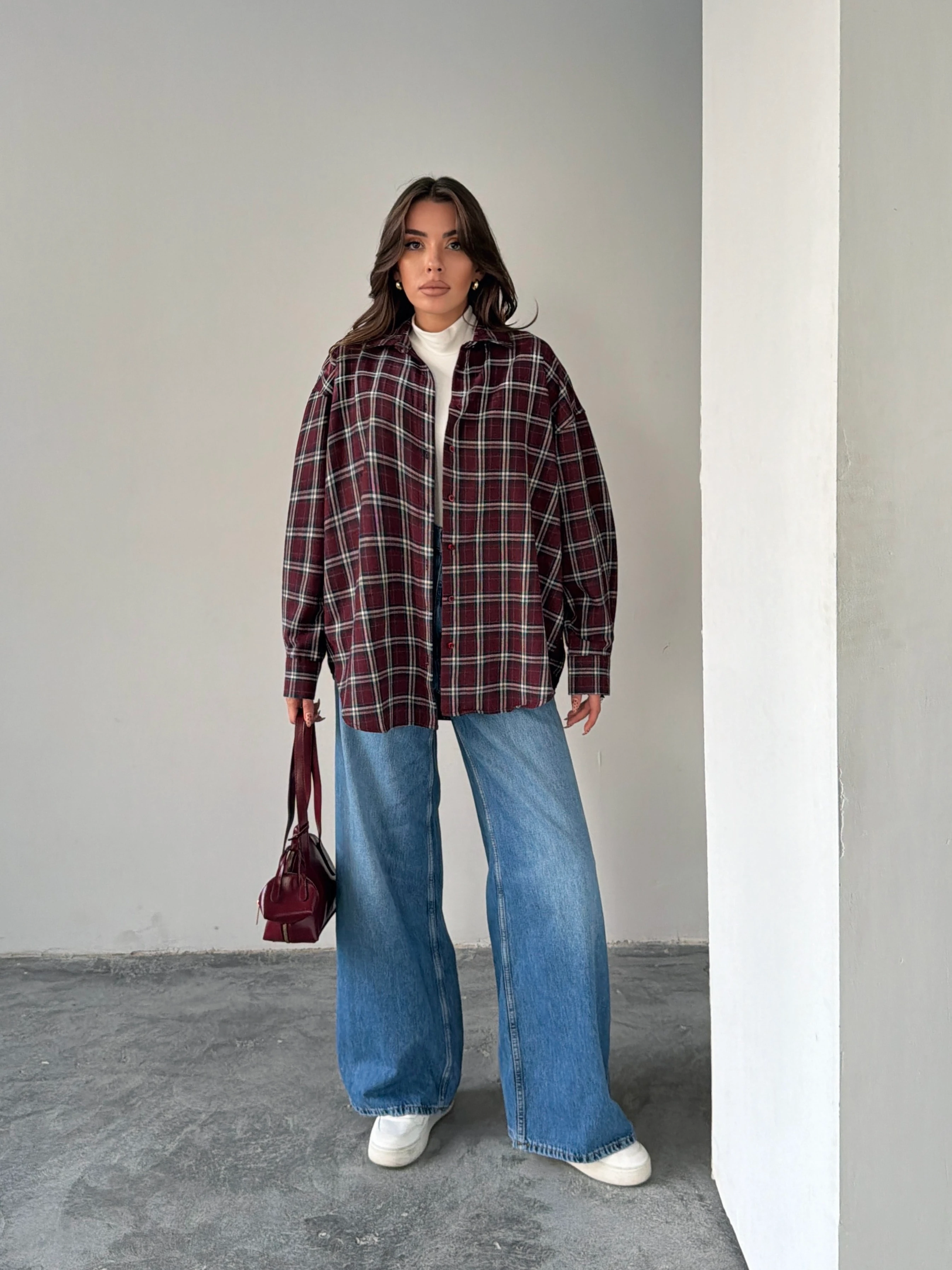 Kareli Oversize Gömlek - Bordo