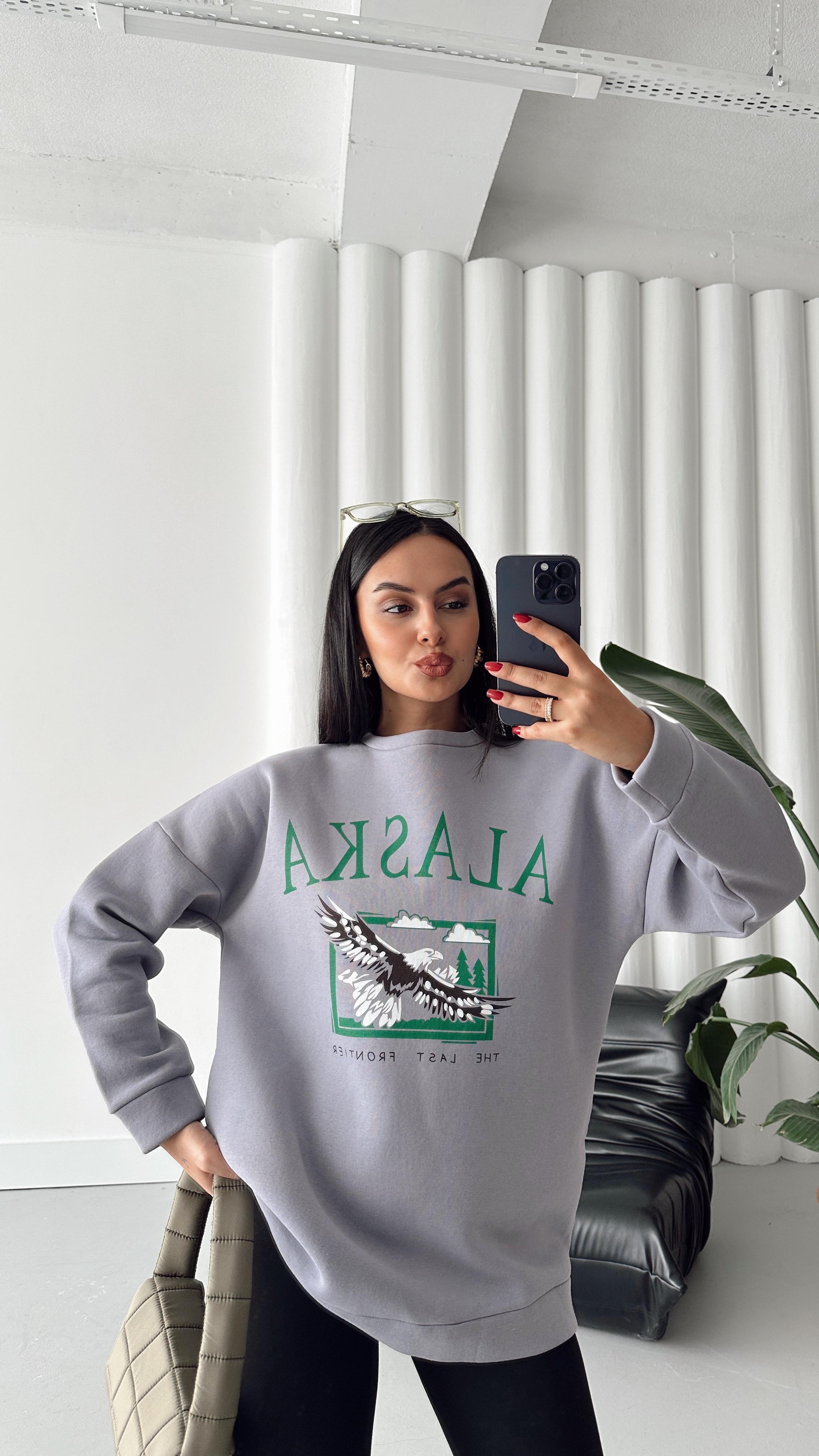 Alaska Üç İplik Şardonlu Oversize Sweat Gri