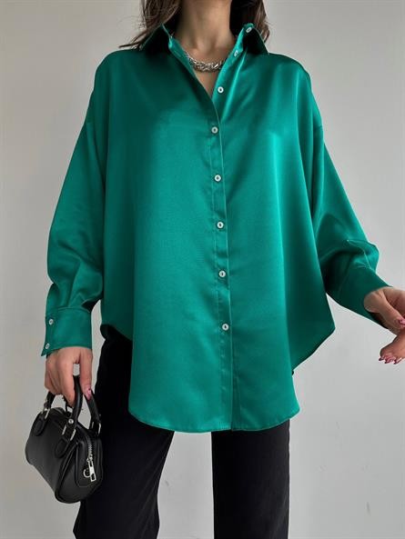 Oversize Saten Gömlek Zümrüt Yeşili