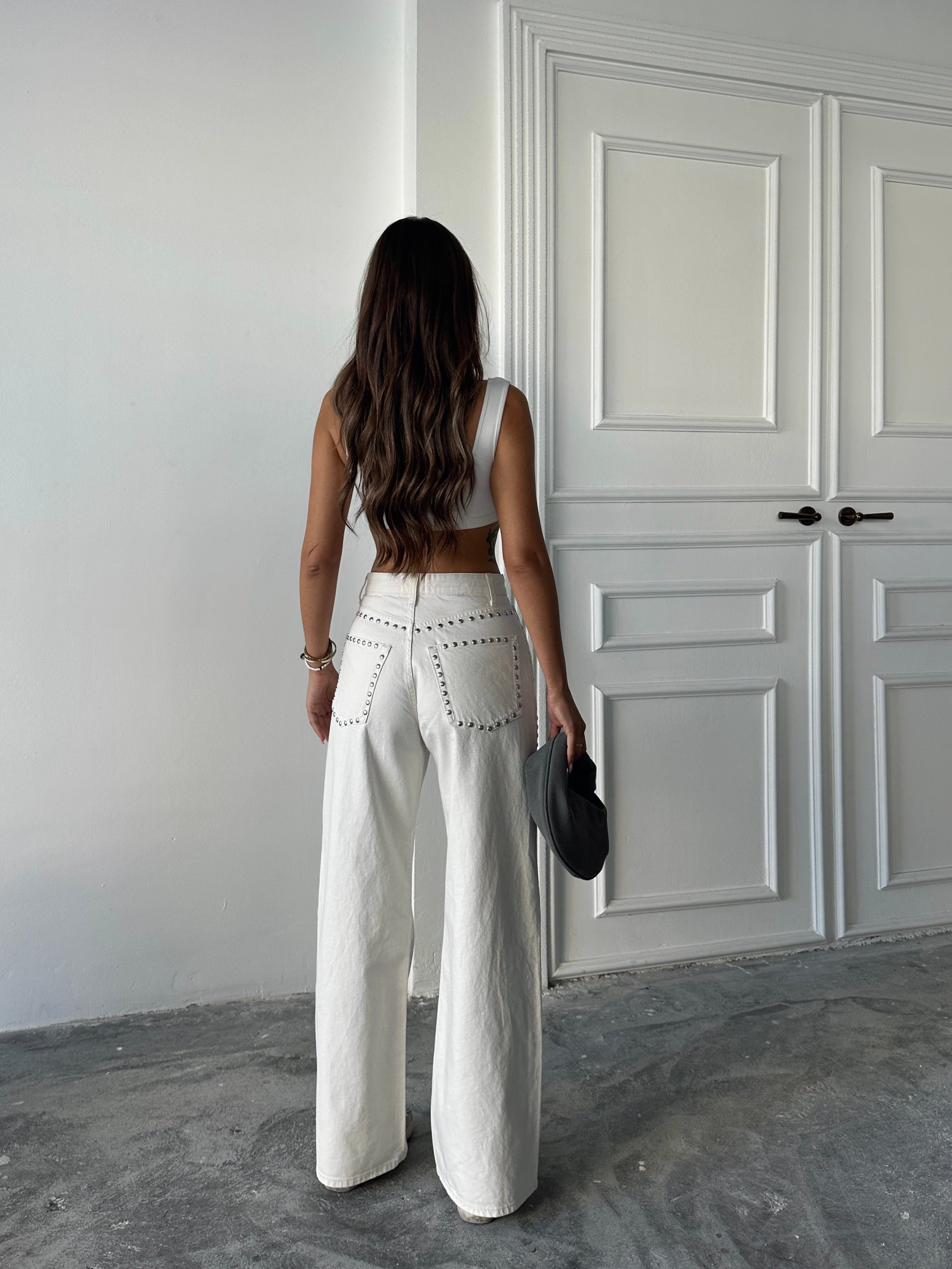 Zımba Detaylı Denim Palazzo  - Taş