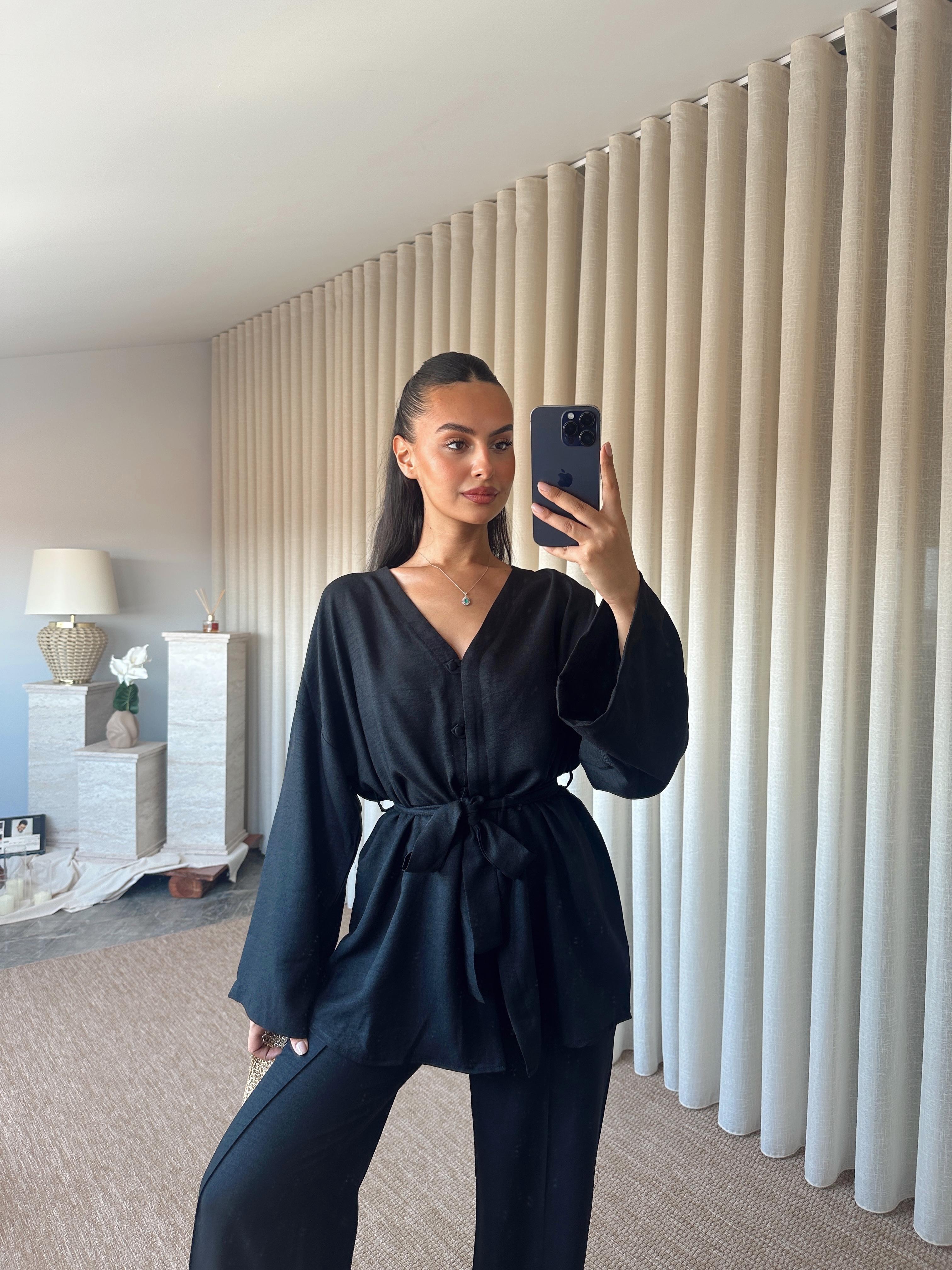 Düğme Detay Kuşaklı Kimono Takım