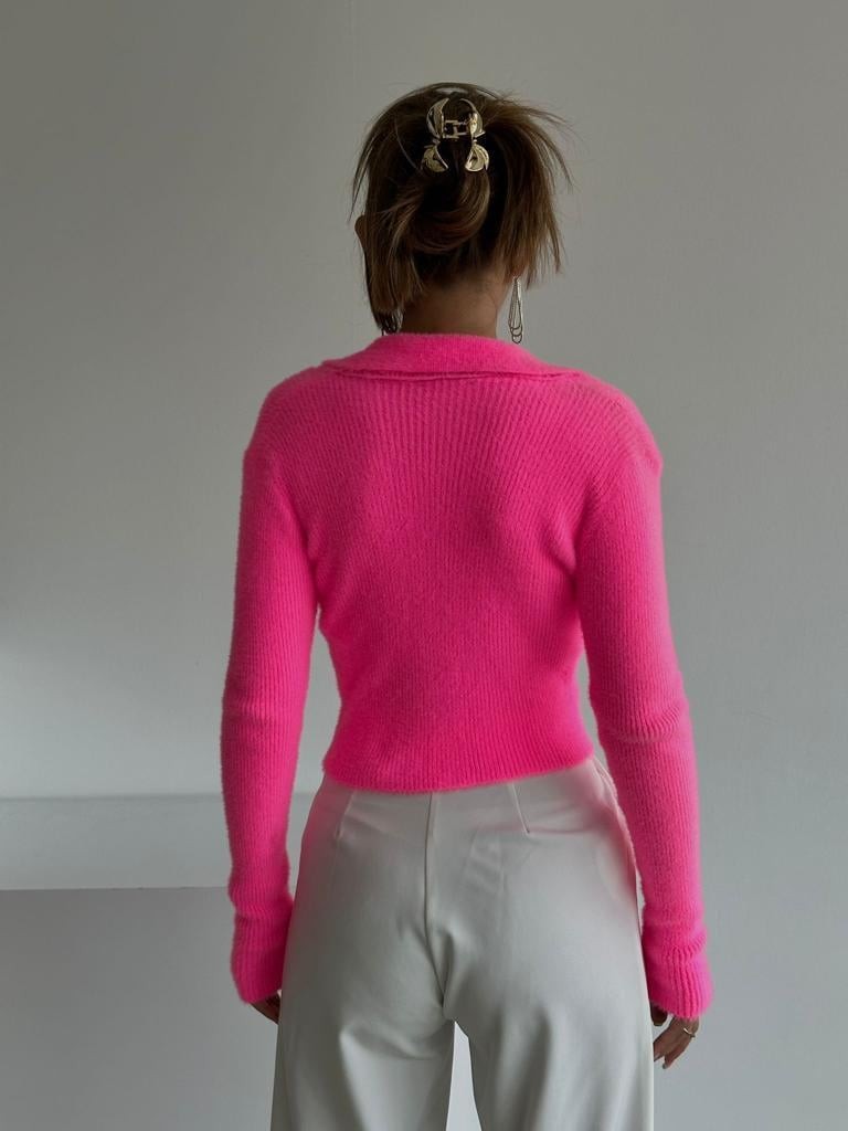 Diamond Düğme Yumoş Triko Hırka Neon Pembe