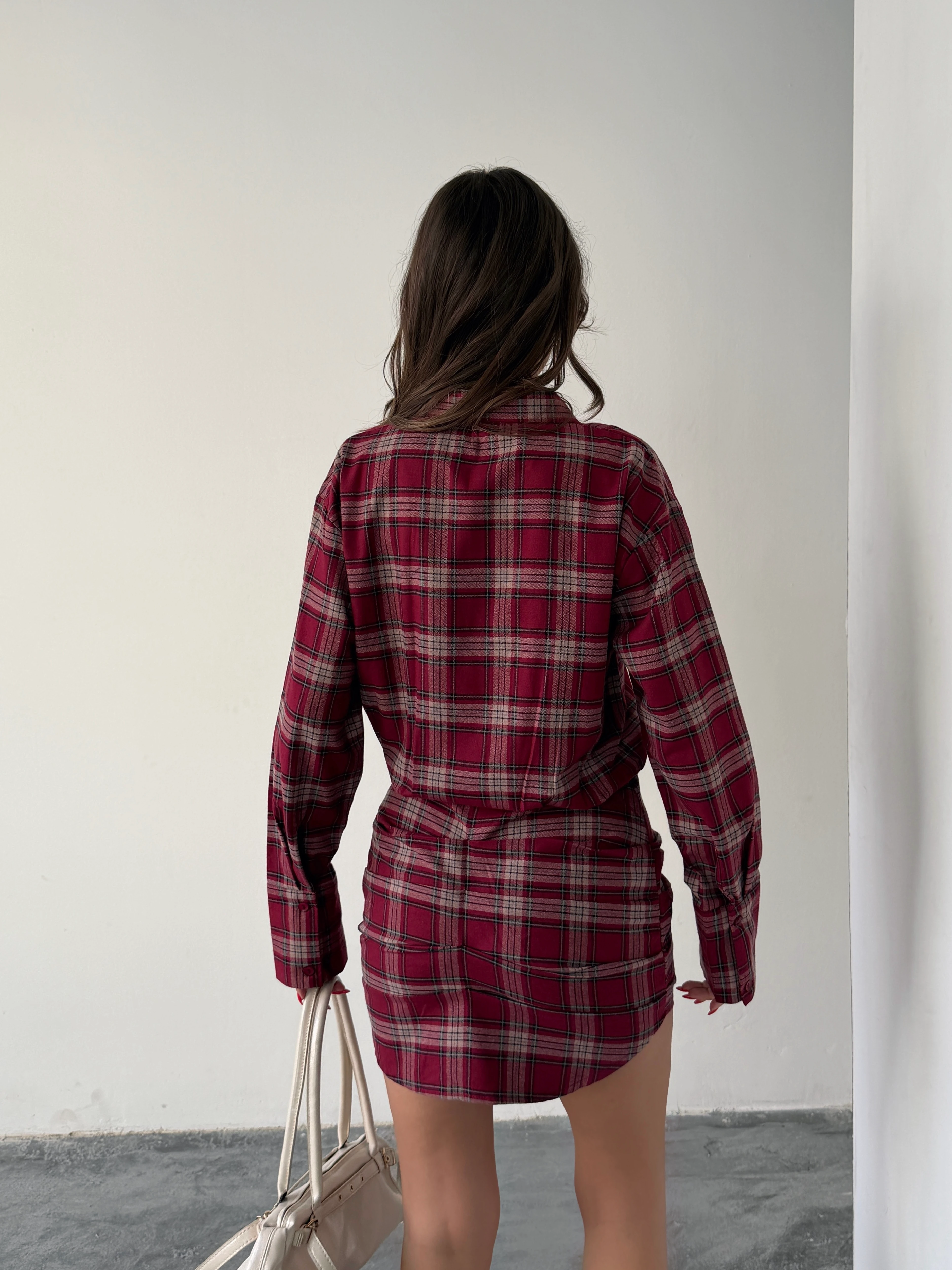 Ekose Gömlek Elbise  - Bordo