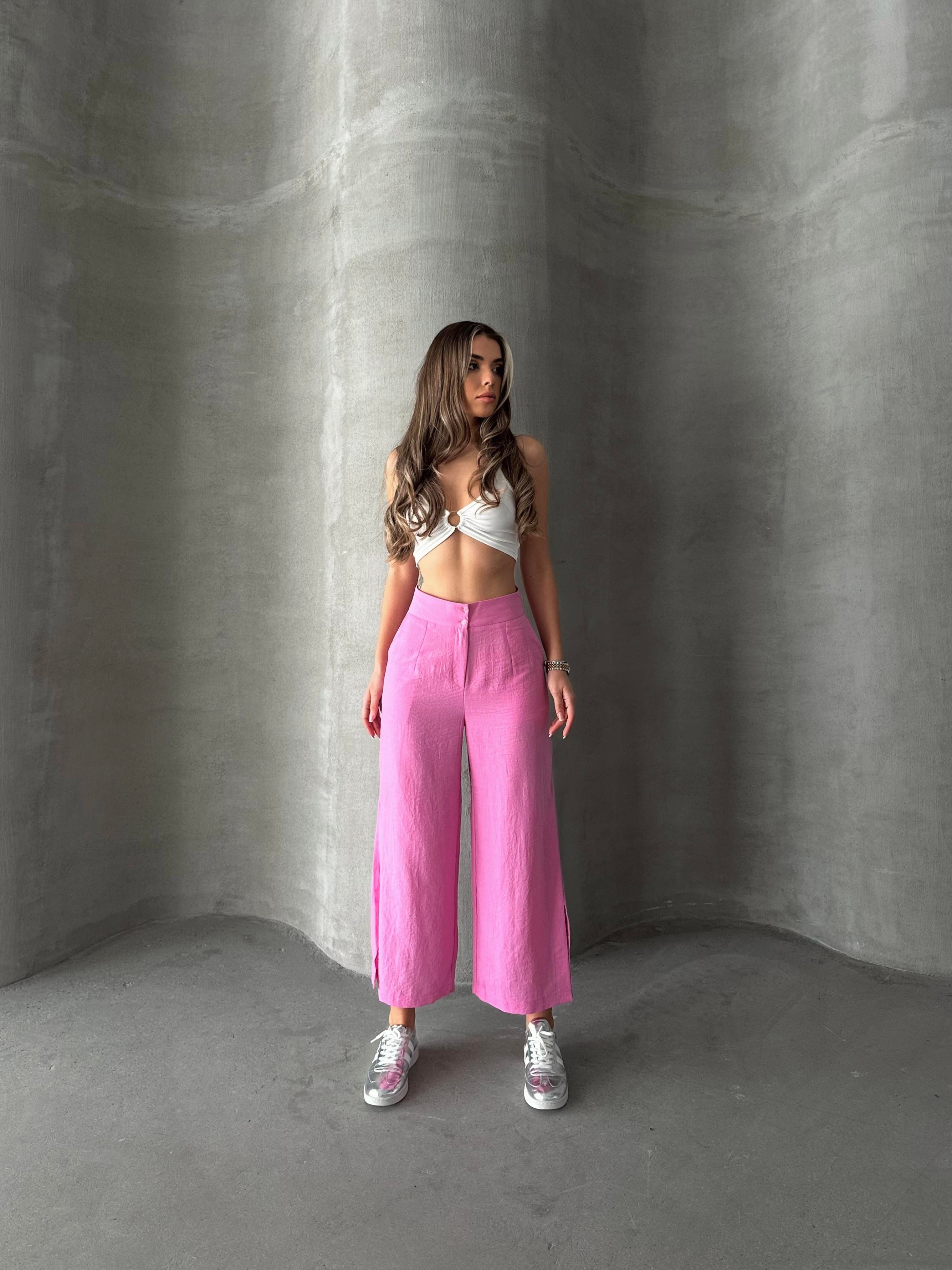 Ham Keten Paça Yırtmaçlı Pantolon Pembe