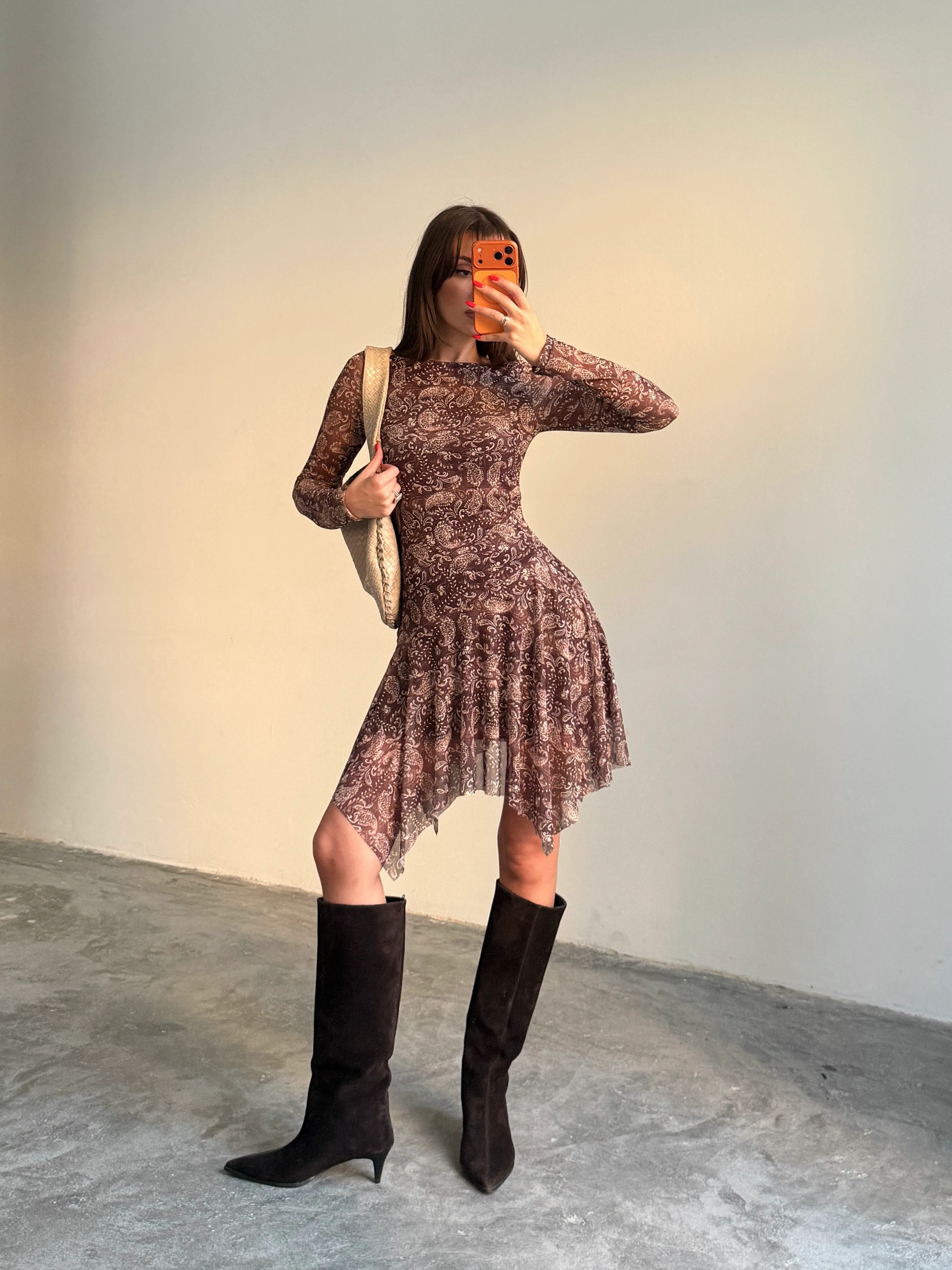 Kayık Yaka Etnik Desenli Elbise - Kahve