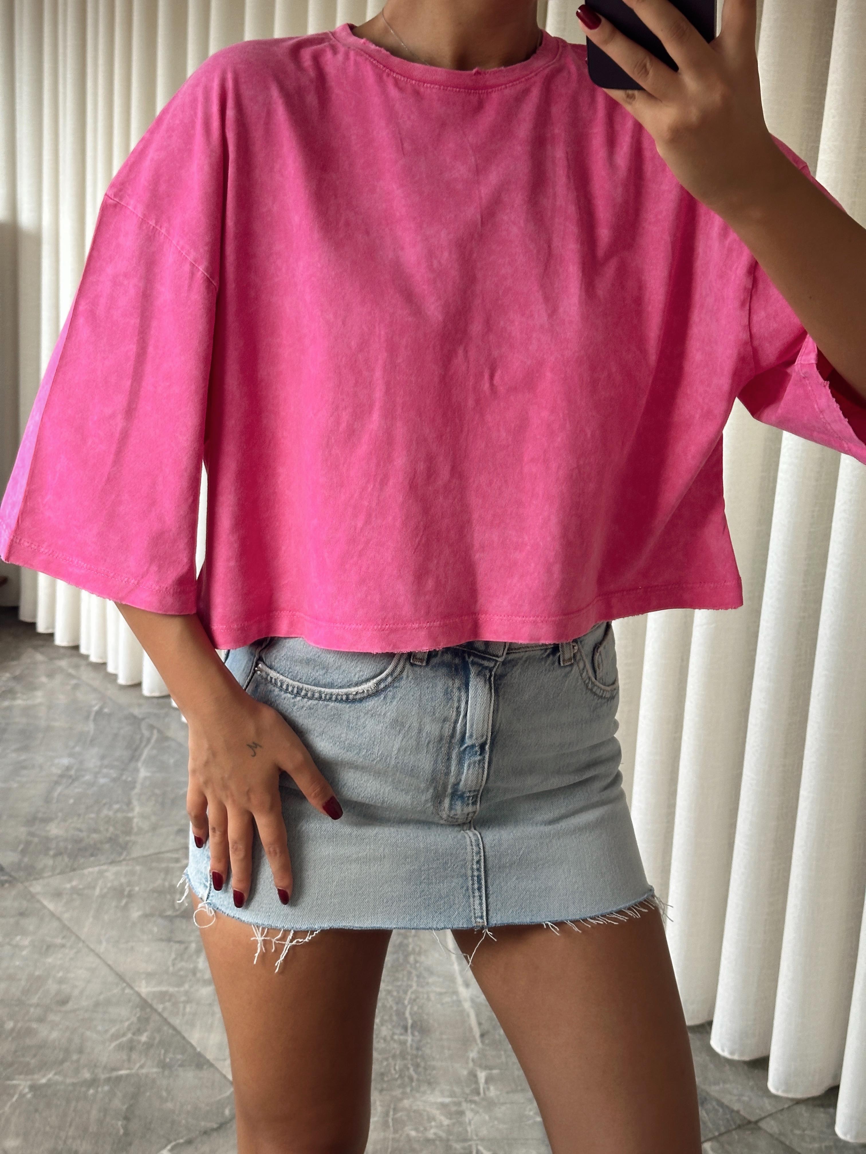 Yıkamalı Düz Crop Basic - Pembe