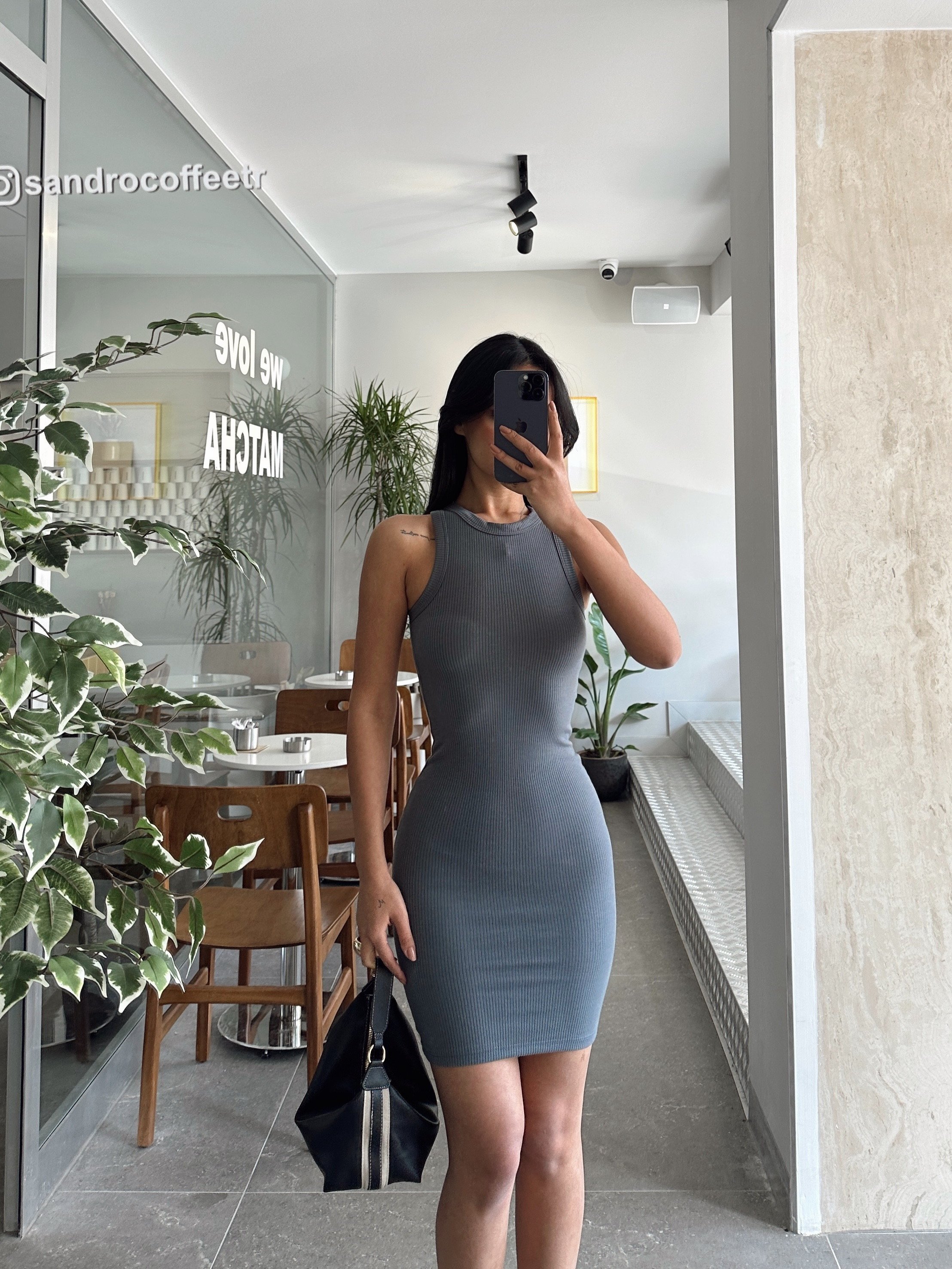 Halter Yaka Fitilli Elbise Füme