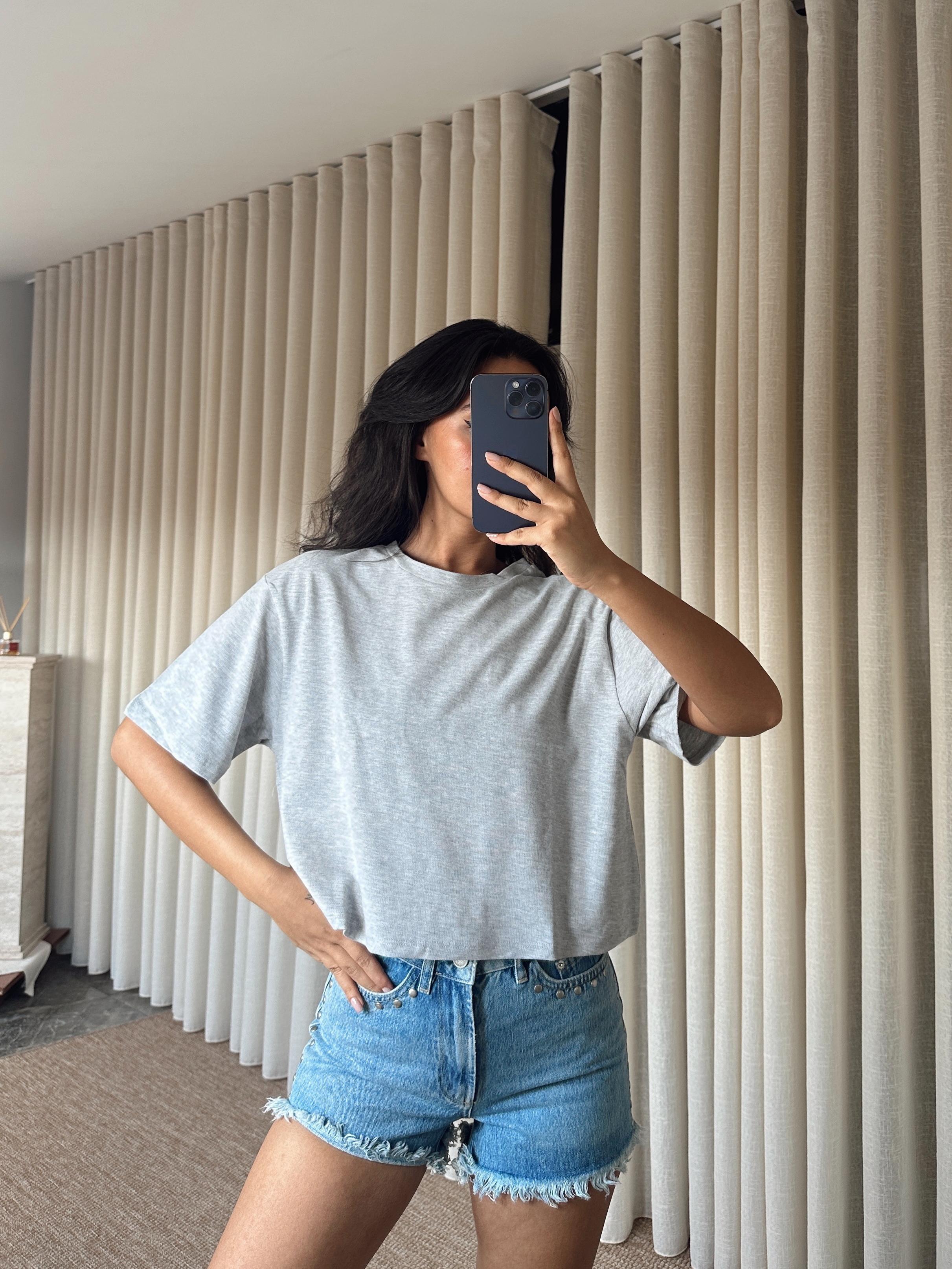 Düz Kısa Kol Crop Basic - Gri