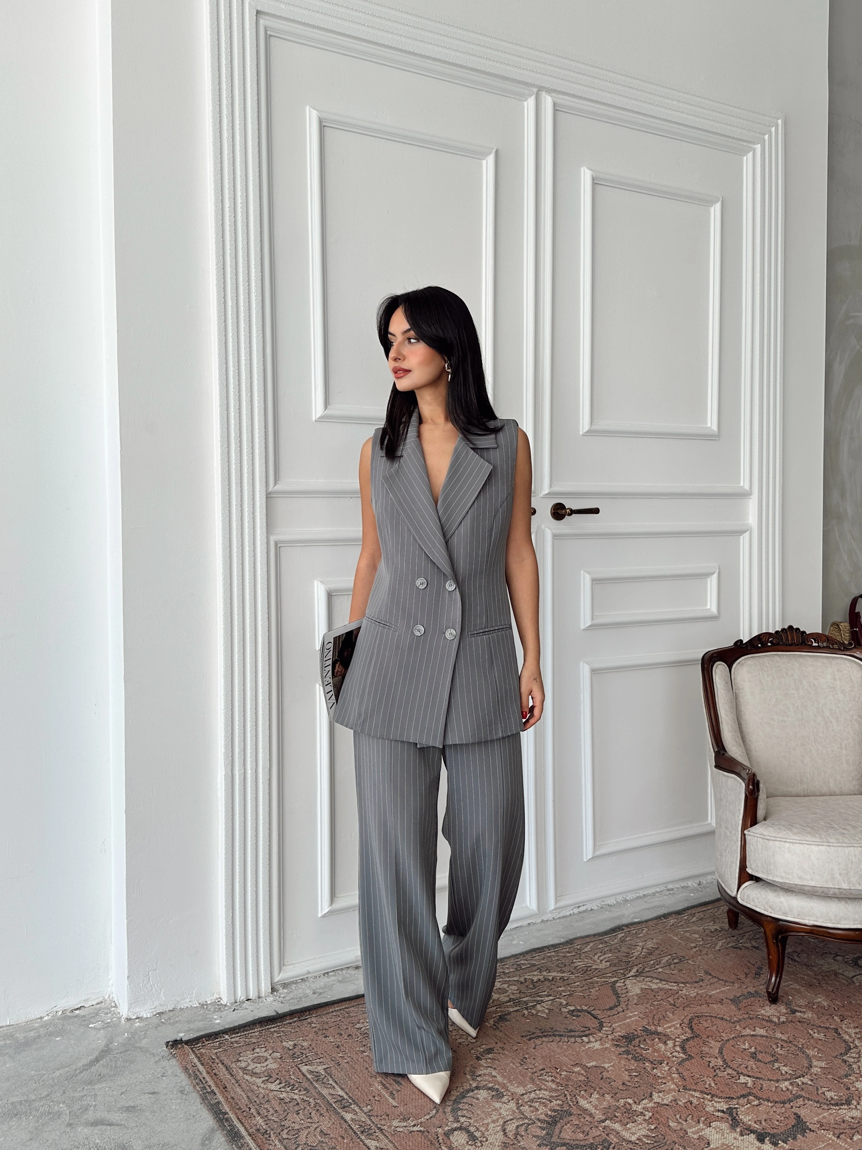 Ceket Yaka Line Yelek - Füme