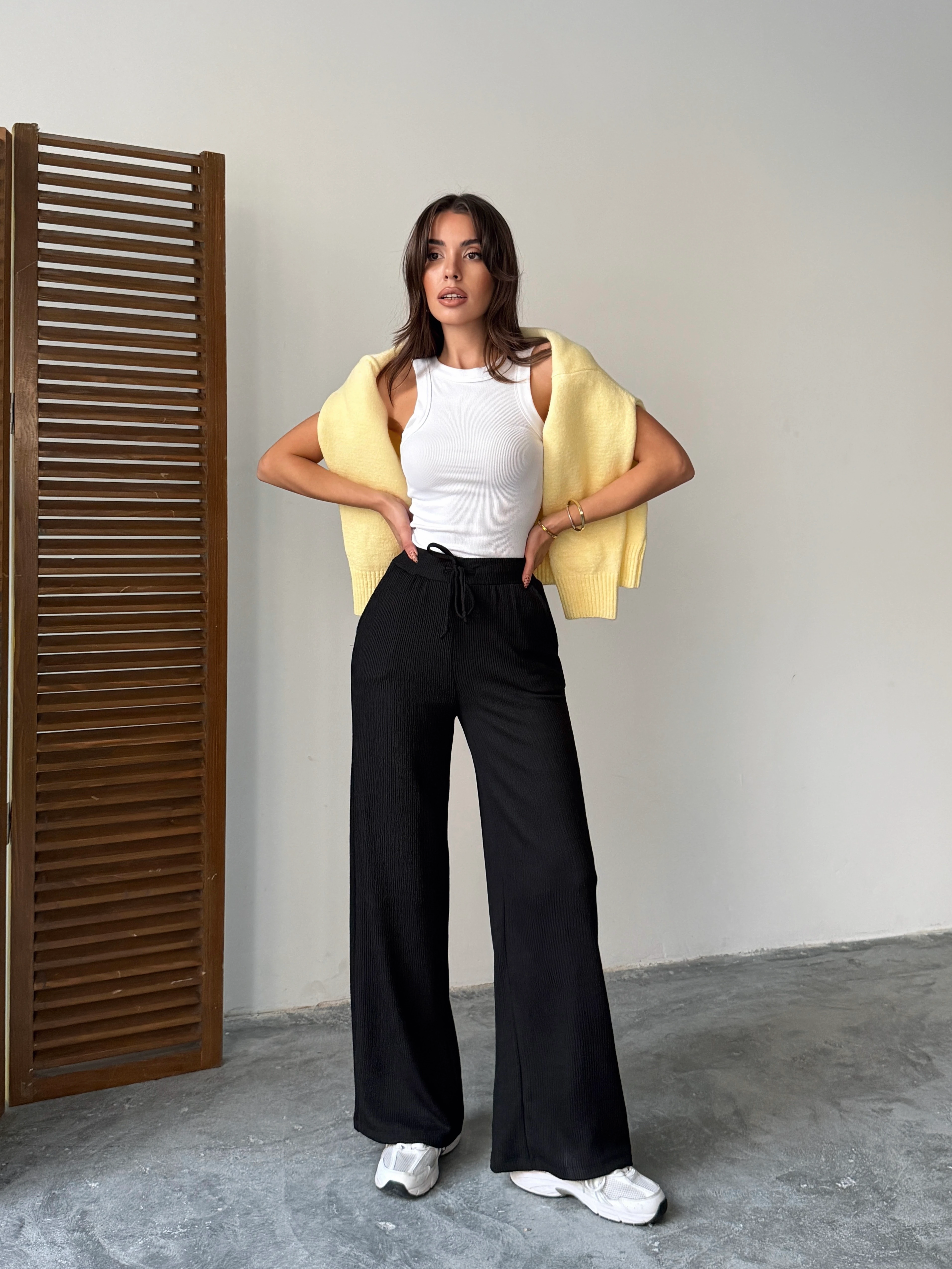 Bel Bağcık Fitilli Pantolon - Siyah