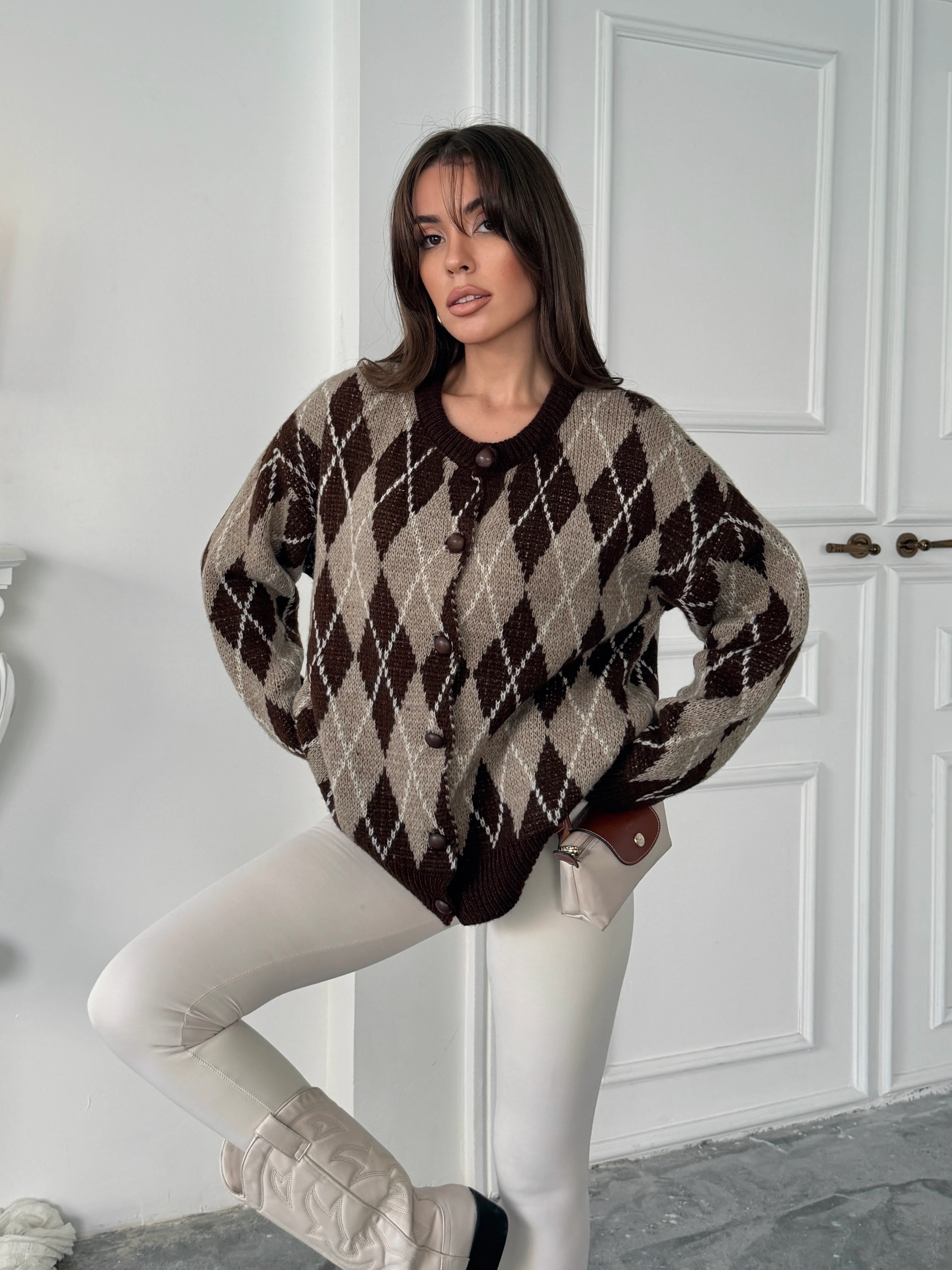 Bisiklet Yaka Baklava Desenli Hırka