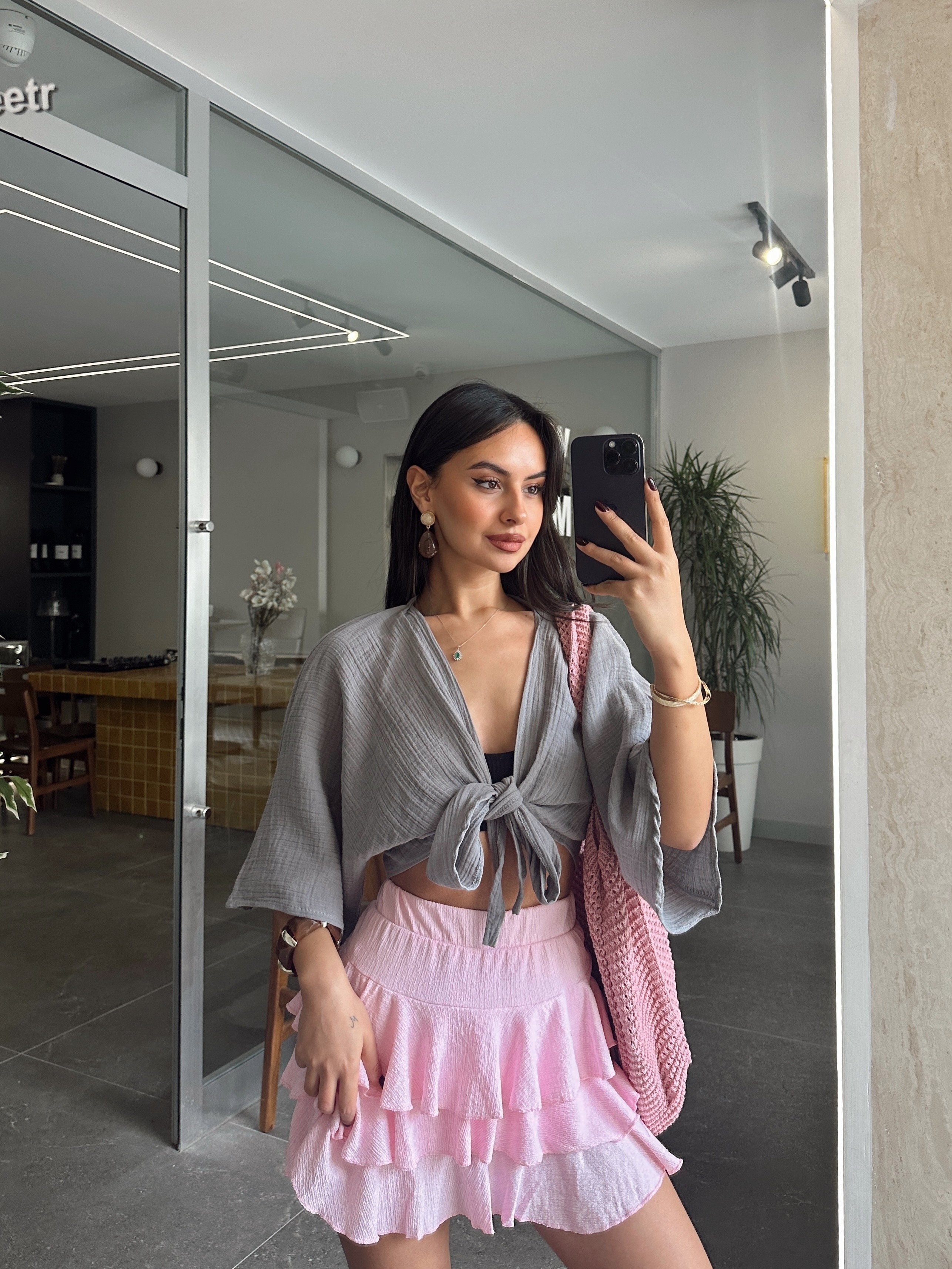Müslin Kimono Bluz - Gri