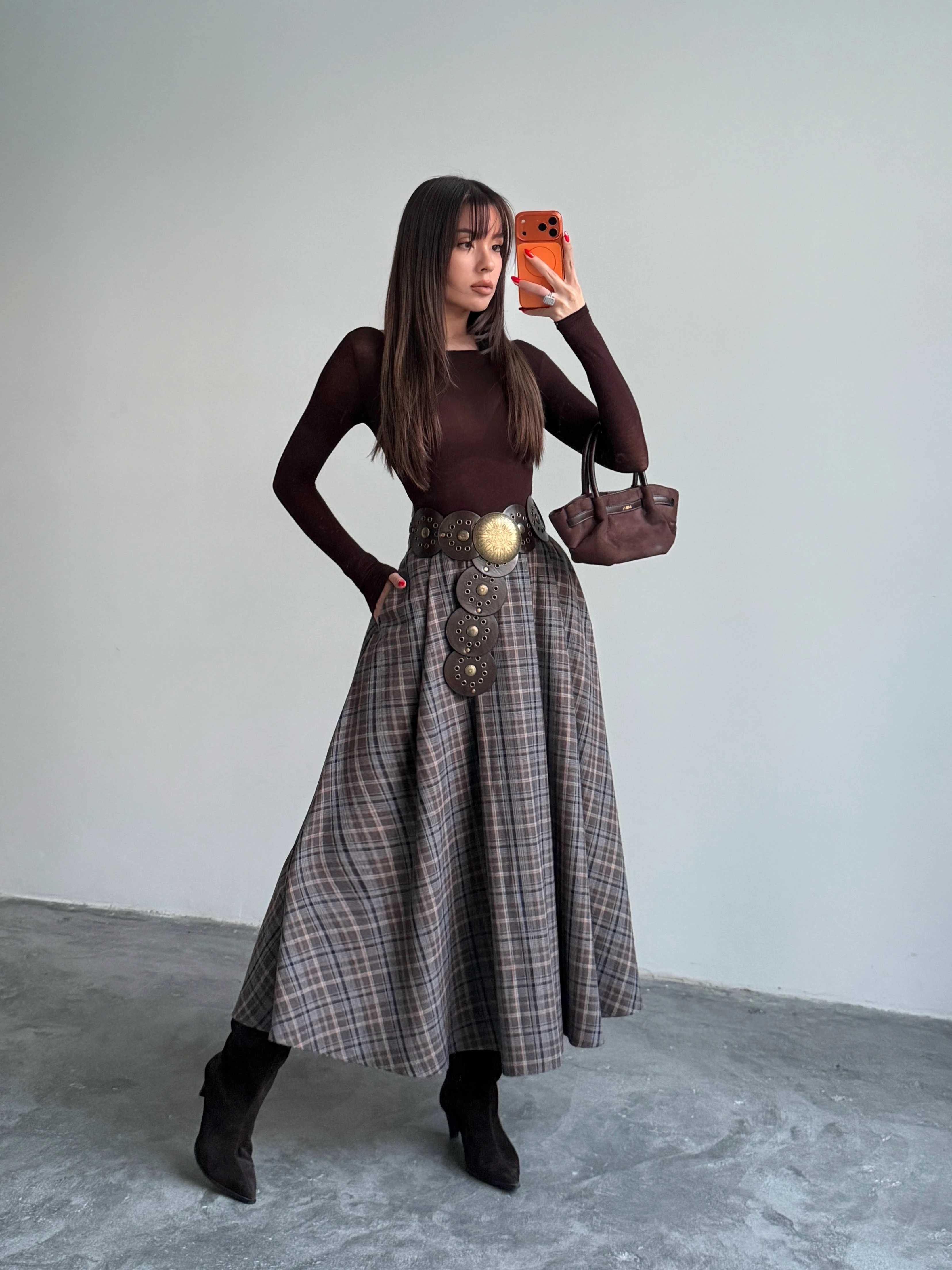 Pile Detaylı Ekose Kloş Etek - Kahve