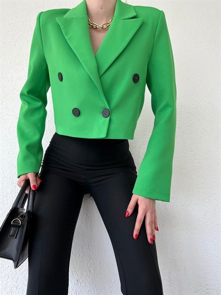 Düğmeli Kruvaze Crop Blazer Ceket Yeşil