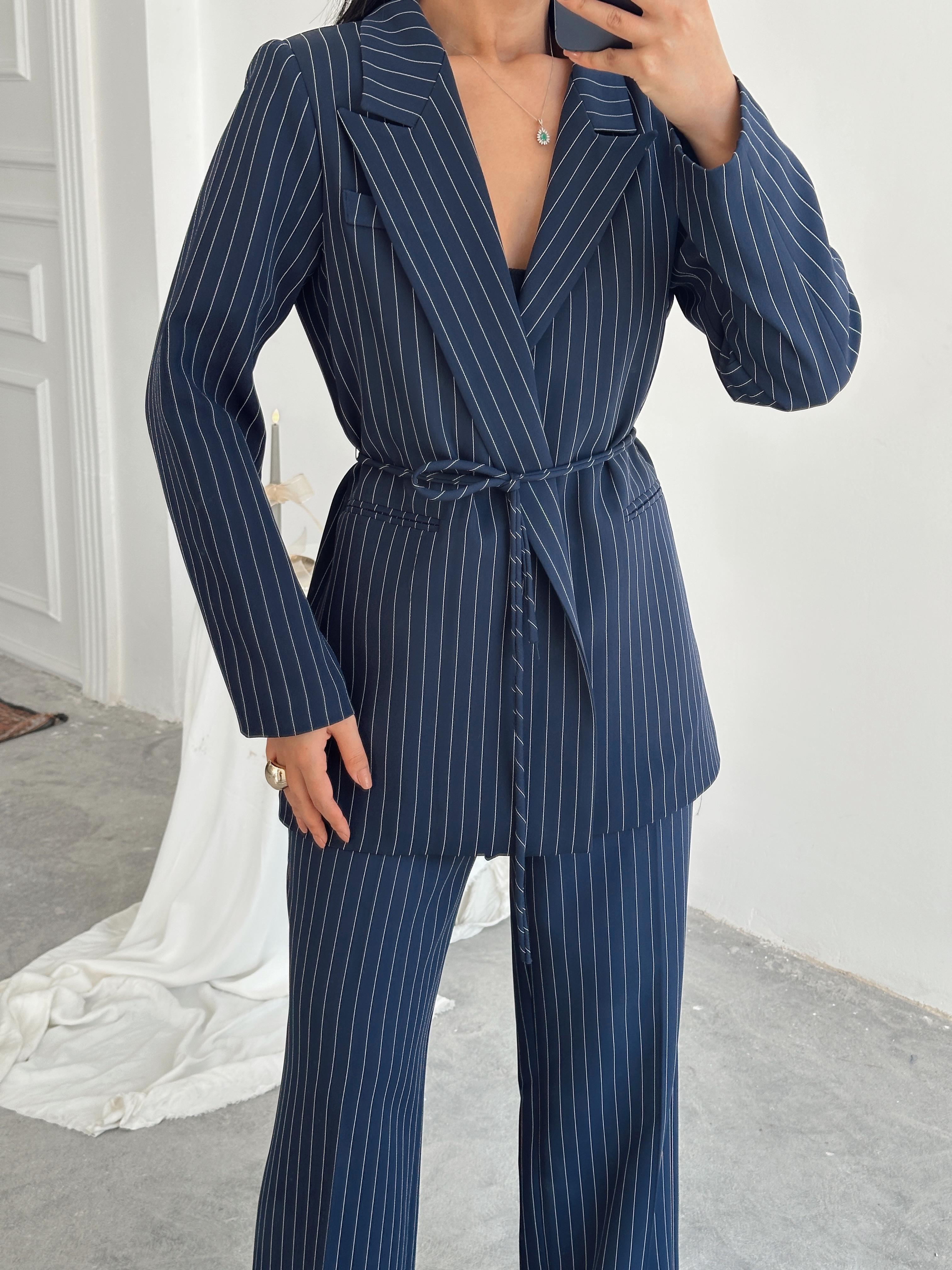 Bel Bağlama Line Blazer Ceket - Lacivert