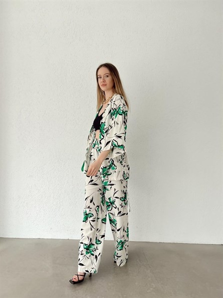 Flora Keten Bağlamalı Kimono Yeşil