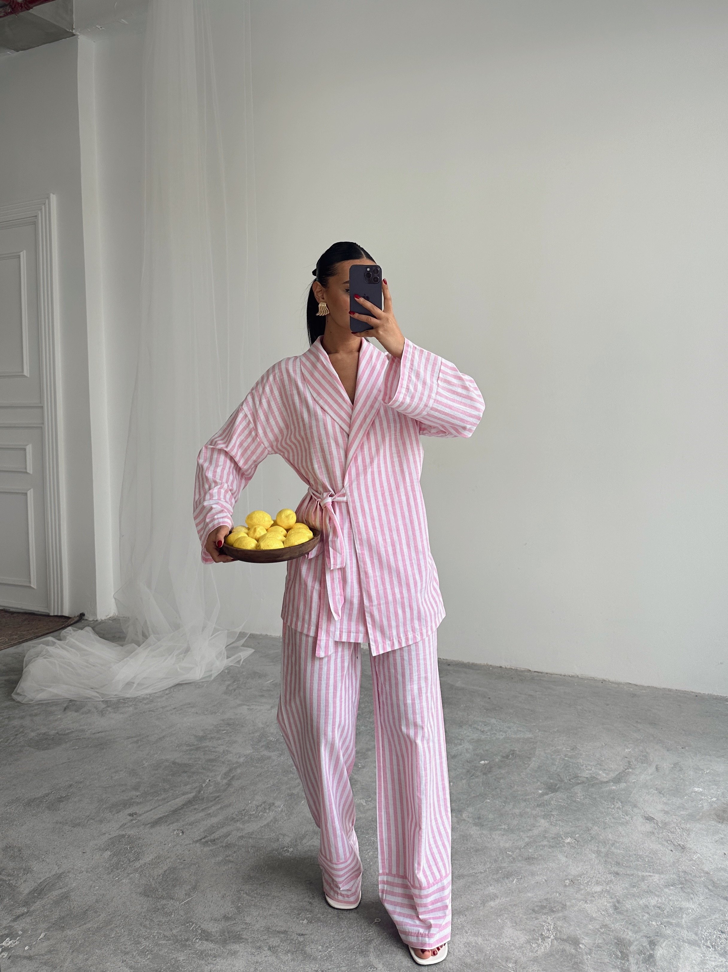 Çizgili Kimono Takım  - Pembe