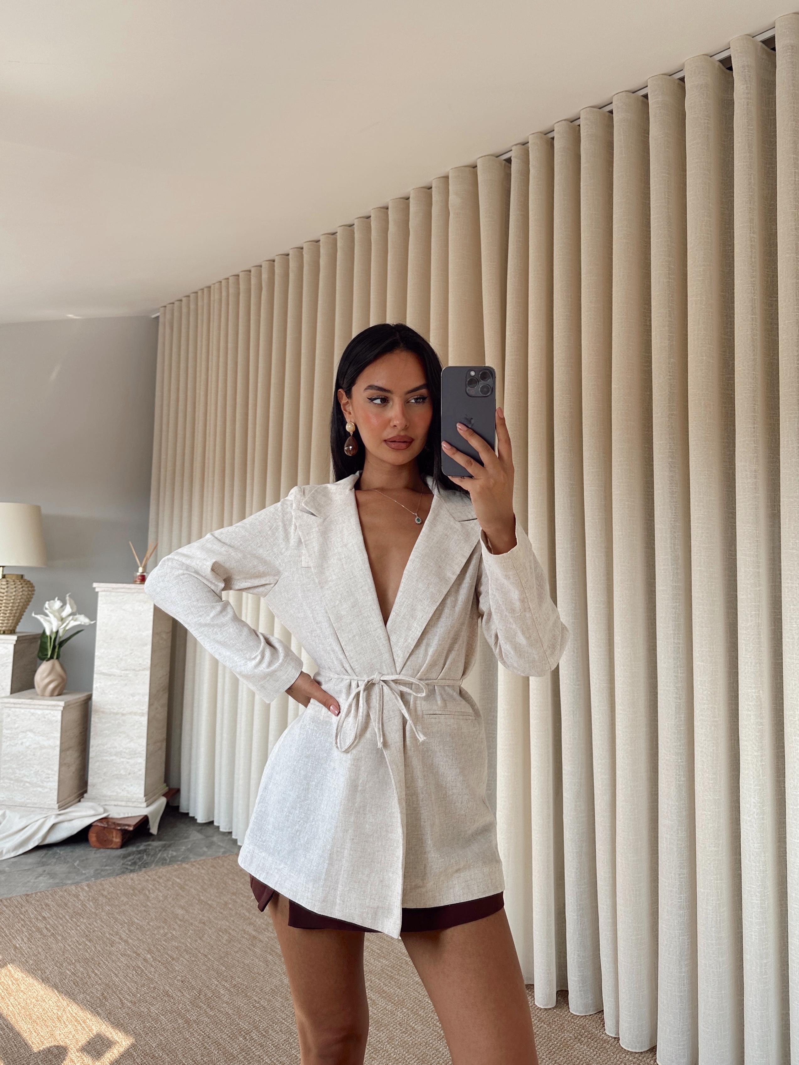 Keten Bağlamalı Blazer Ceket - Ekru