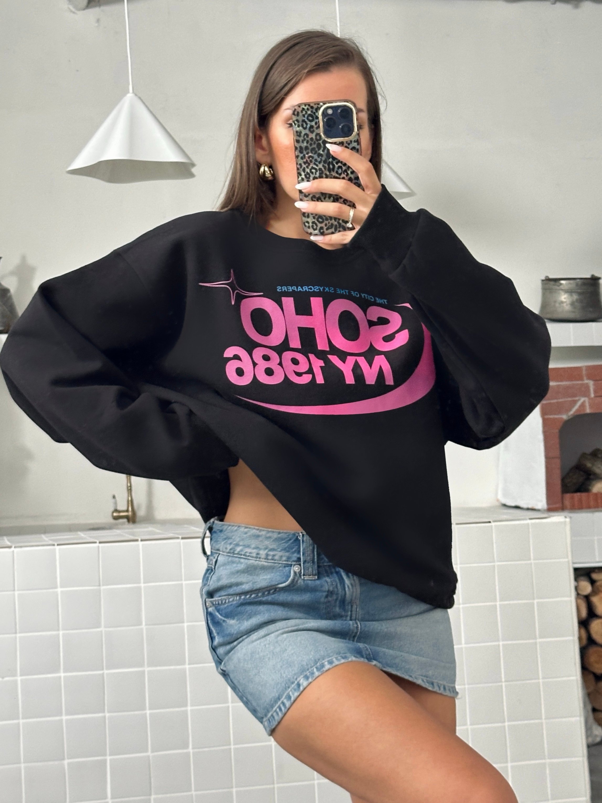 Soho Baskı Bisiklet Yaka Sweat Siyah