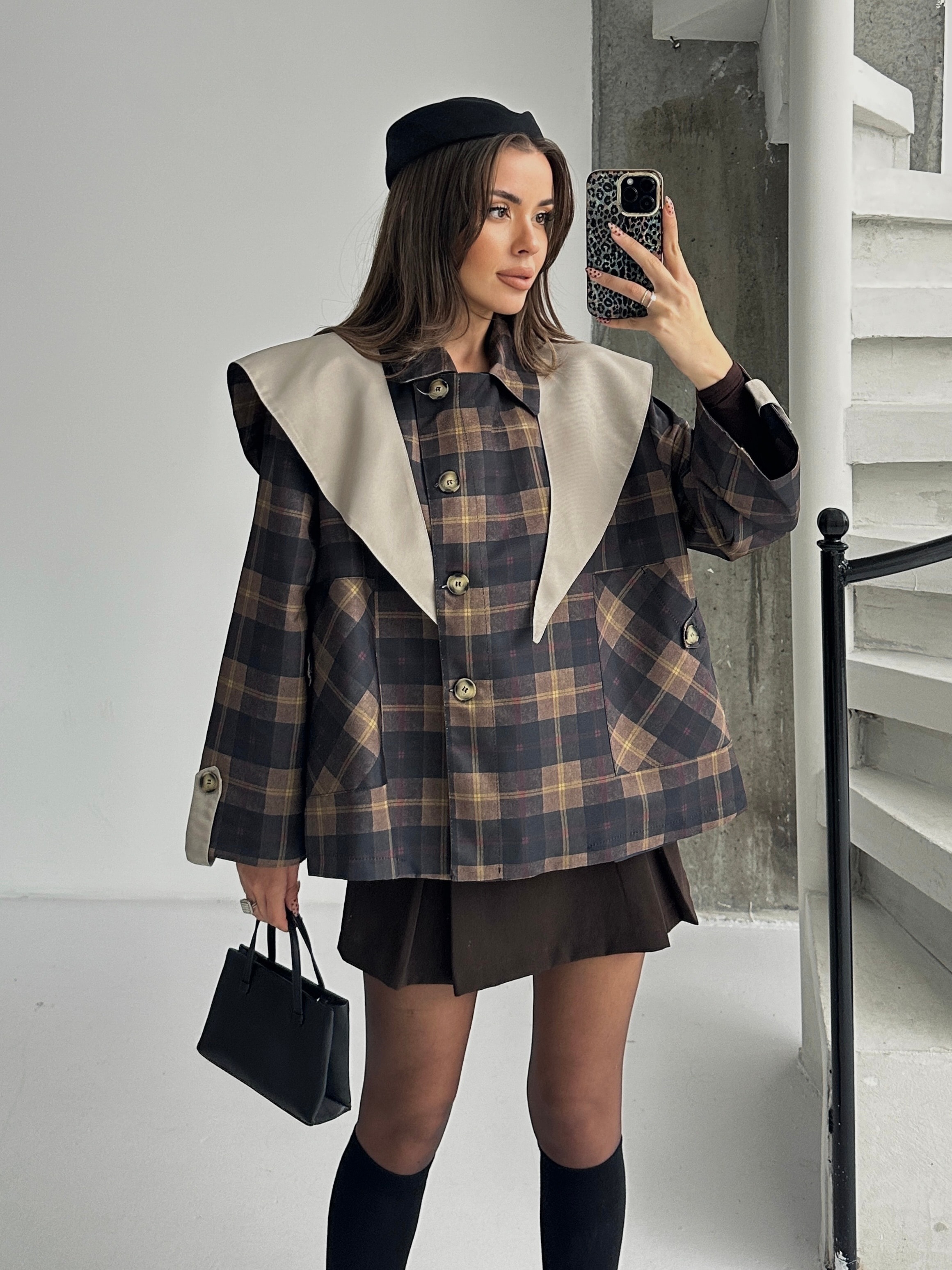 Pelerin Detay Kareli Ceket - lacivert-bej