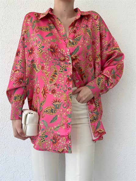 Bohem Desen Oversize Saten Gömlek Pembe