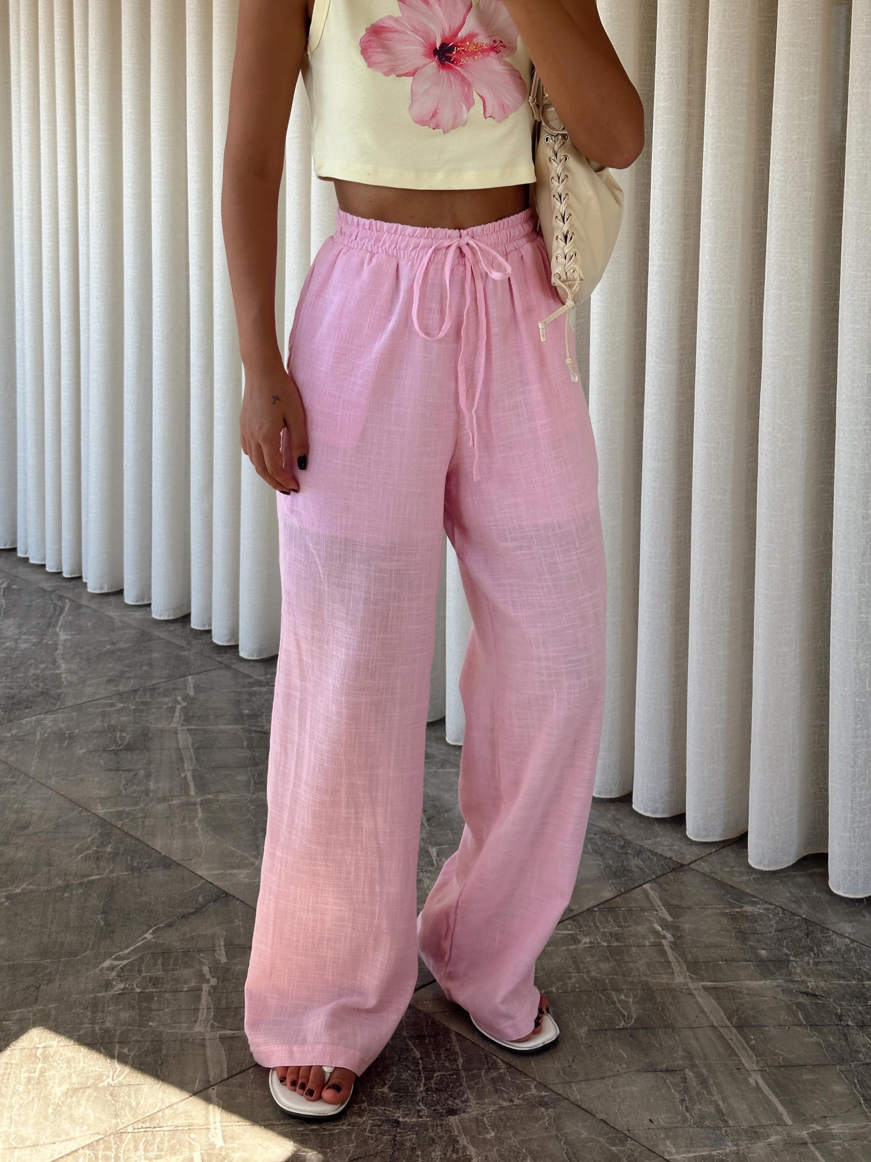 Bol Paça Keten Pantolon - Pembe