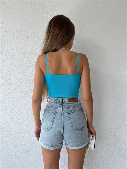 Korse Detay Askılı Triko Bluz Turkuaz