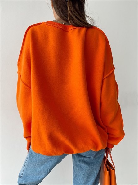 Dikiş Detay Şardonlu Oversize Sweat Oranj