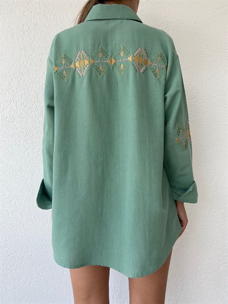 Kol Nakış İşleme Oversize Keten Gömlek Mint