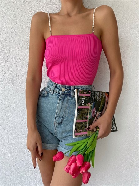 İnci Askı Triko Crop Fuşya