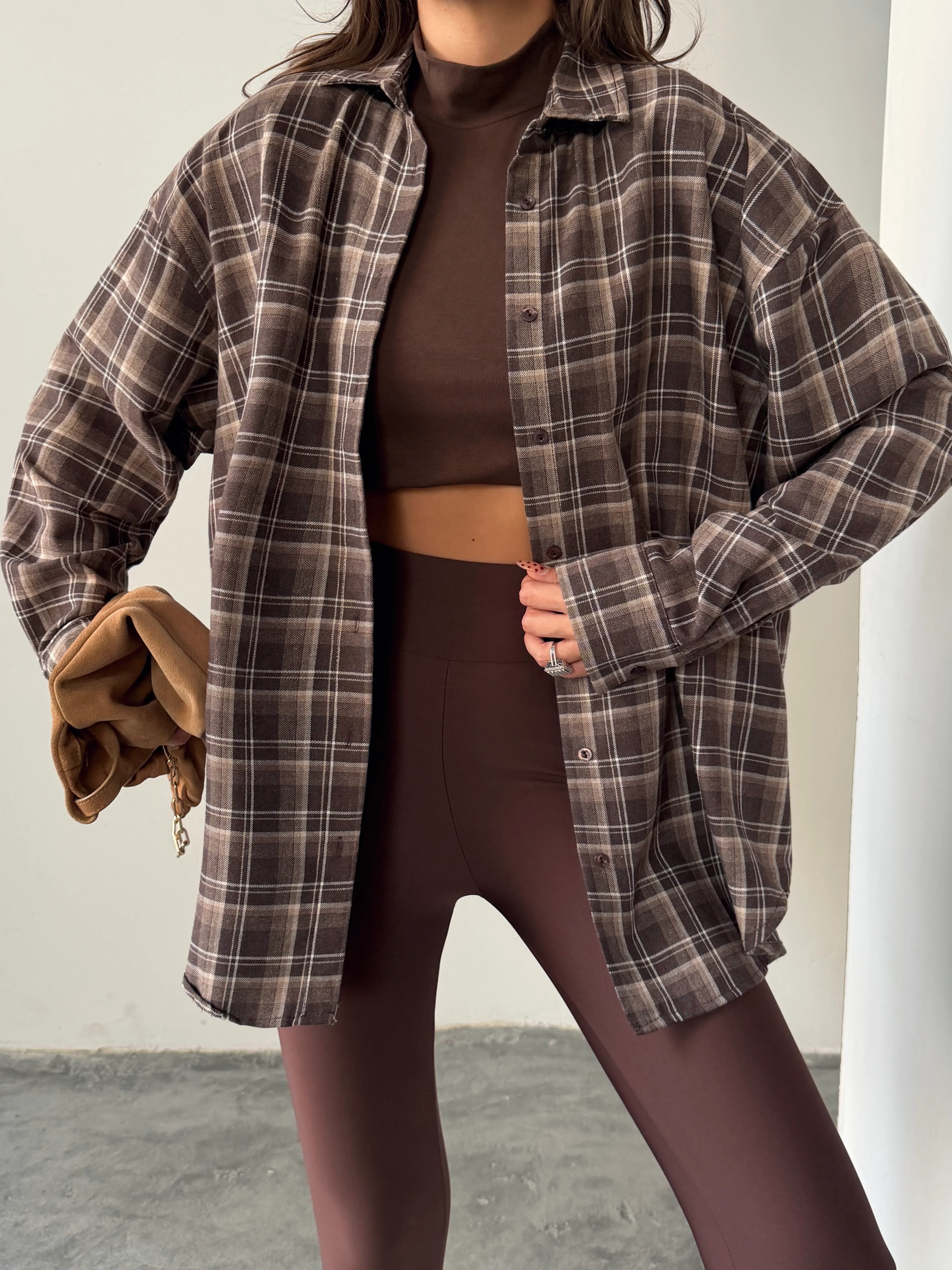 Kareli Oversize Gömlek - Kahve