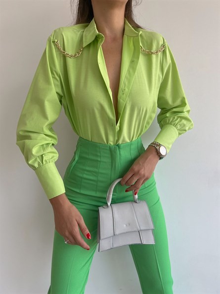 Zincir Apolet Oversize Poplin Gömlek Fıstık Yeşili