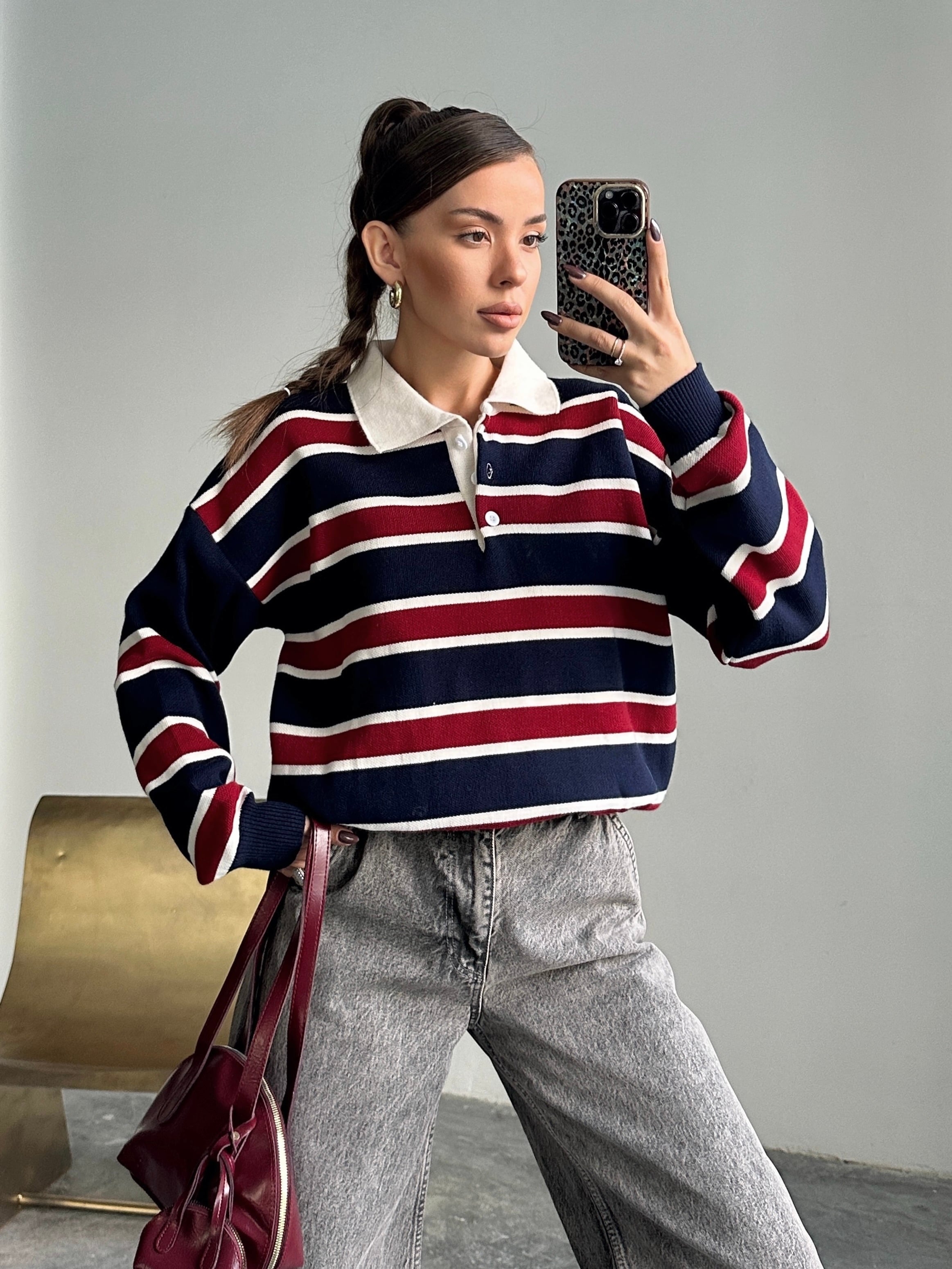 Polo Yaka Çizgili Triko - lacivert-bordo